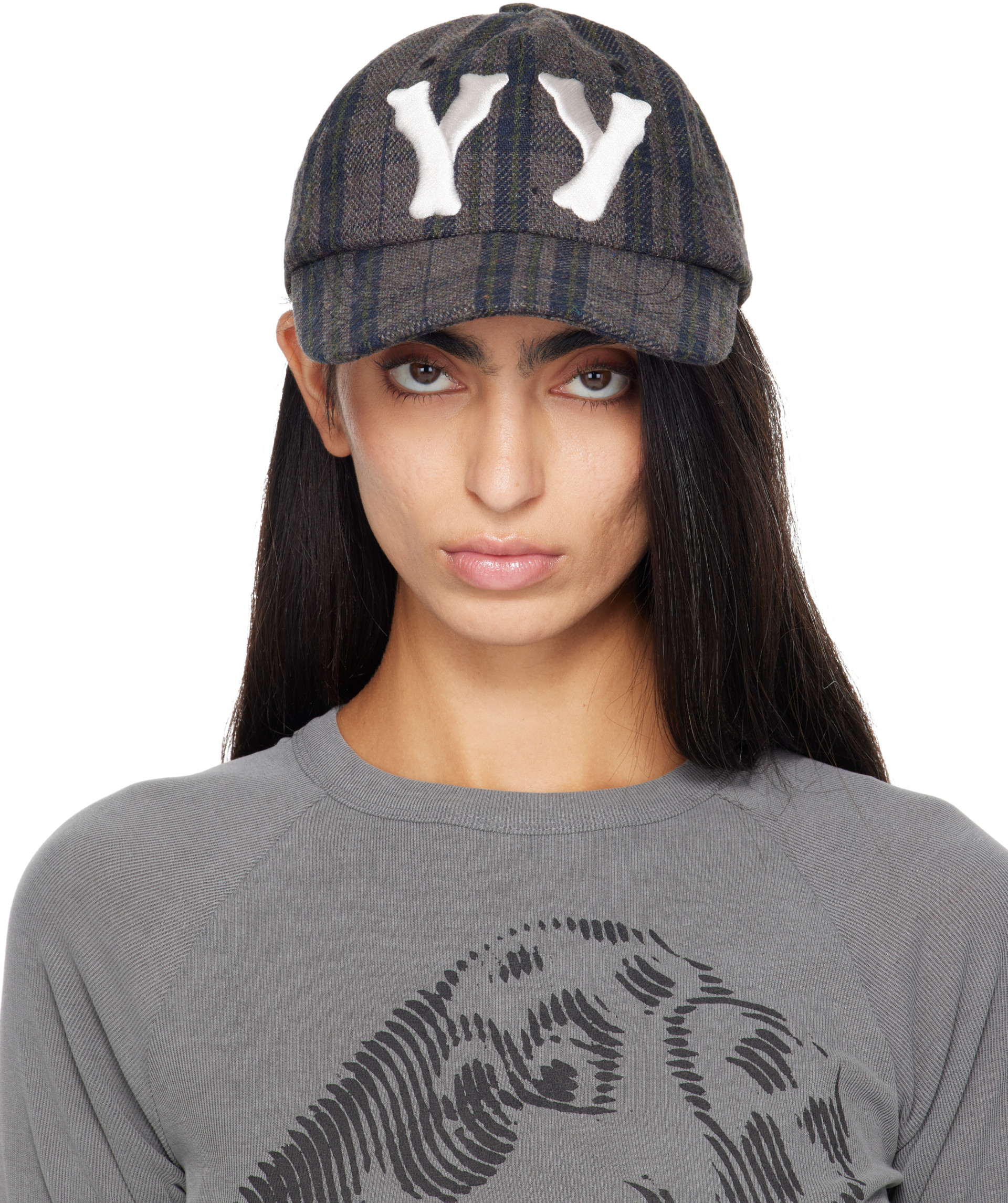 OPEN YY: Brown 'Yy' Checkered Heart Bone Ball Cap | SSENSE