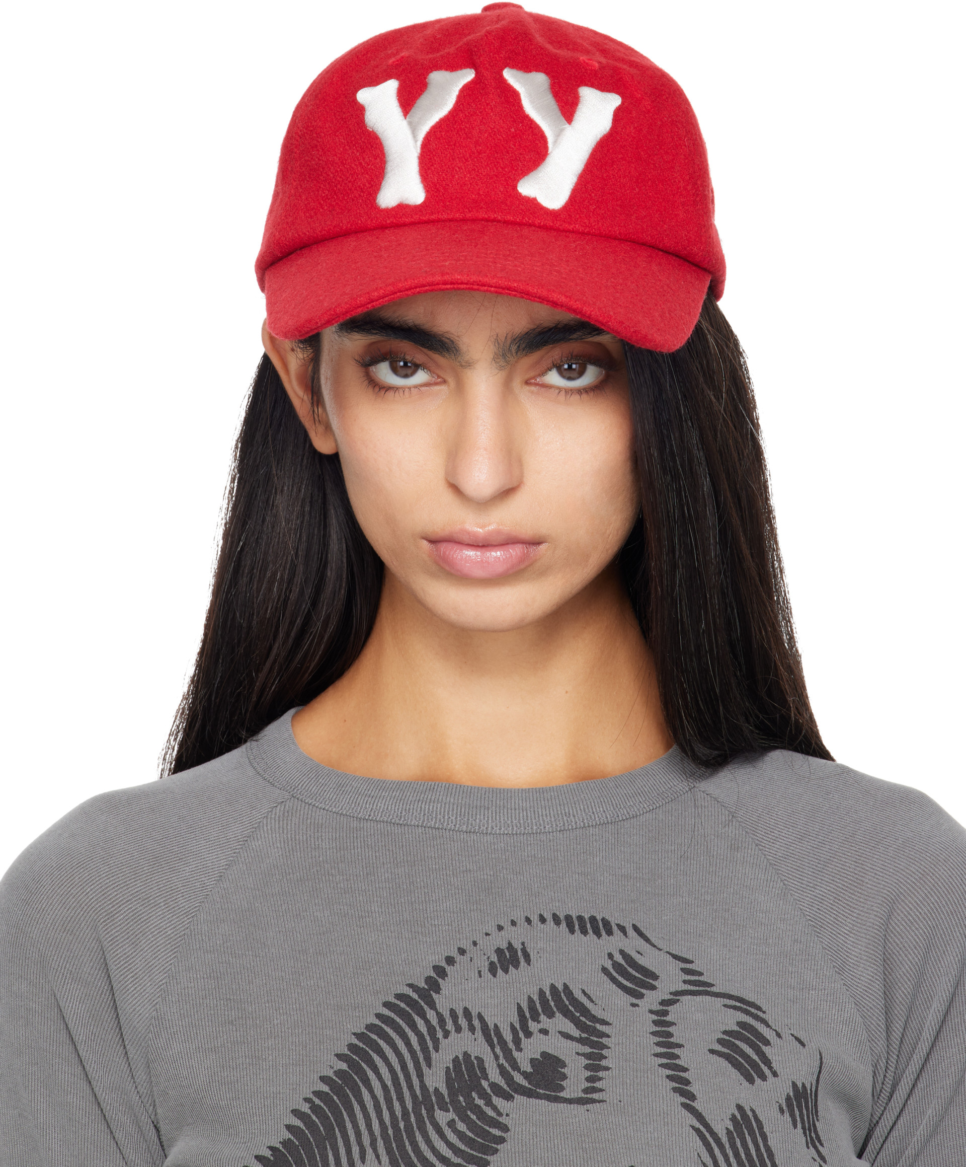 OPEN YY: Red 'Yy' Wool Heart Bone Ball Cap | SSENSE