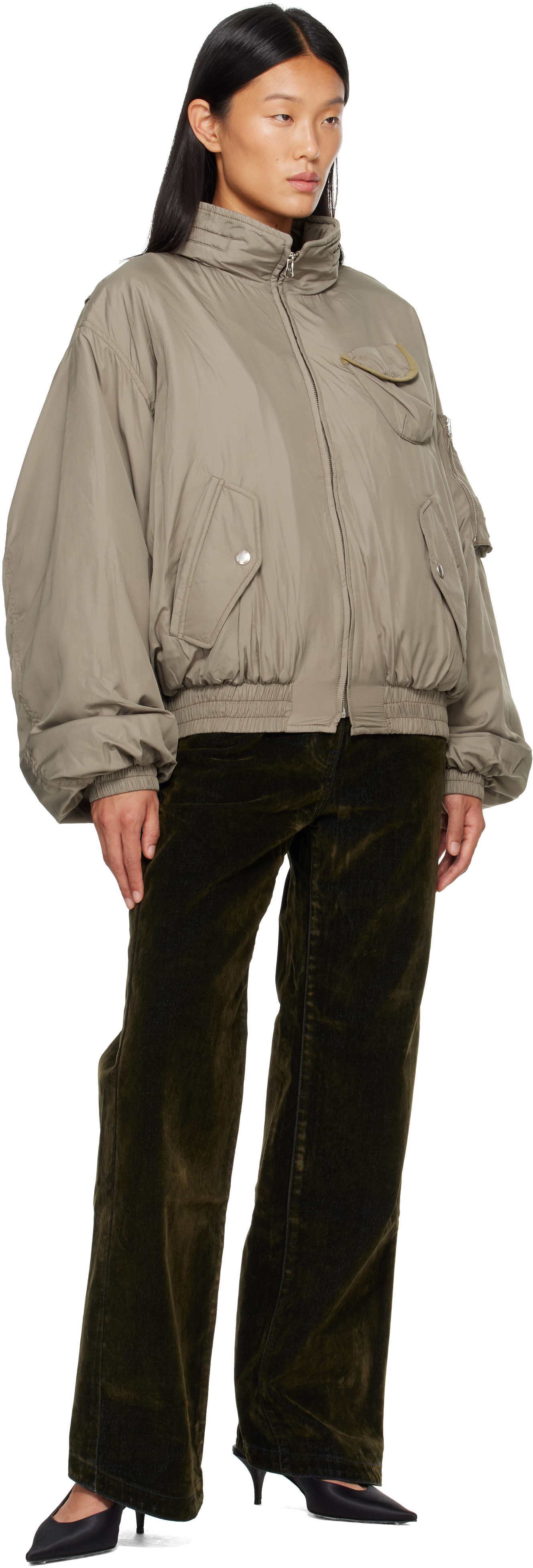 OPEN YY: Khaki Fluid Cargo Bomber Jacket | SSENSE OPEN YY: Khaki Fluid Cargo Bomber Jacket | SSENSE
