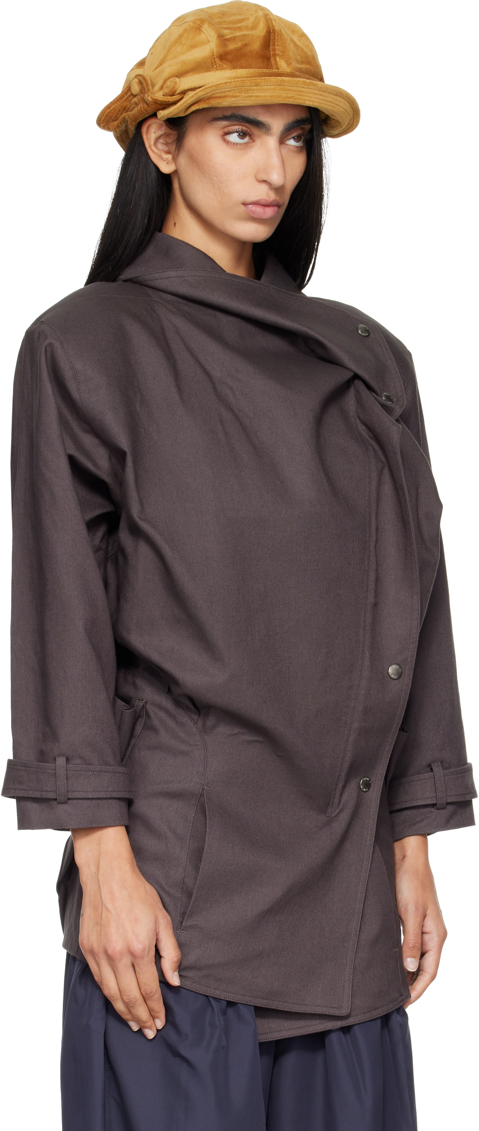 OPEN YY: Brown Drop Collar Half Trench Jacket | SSENSE