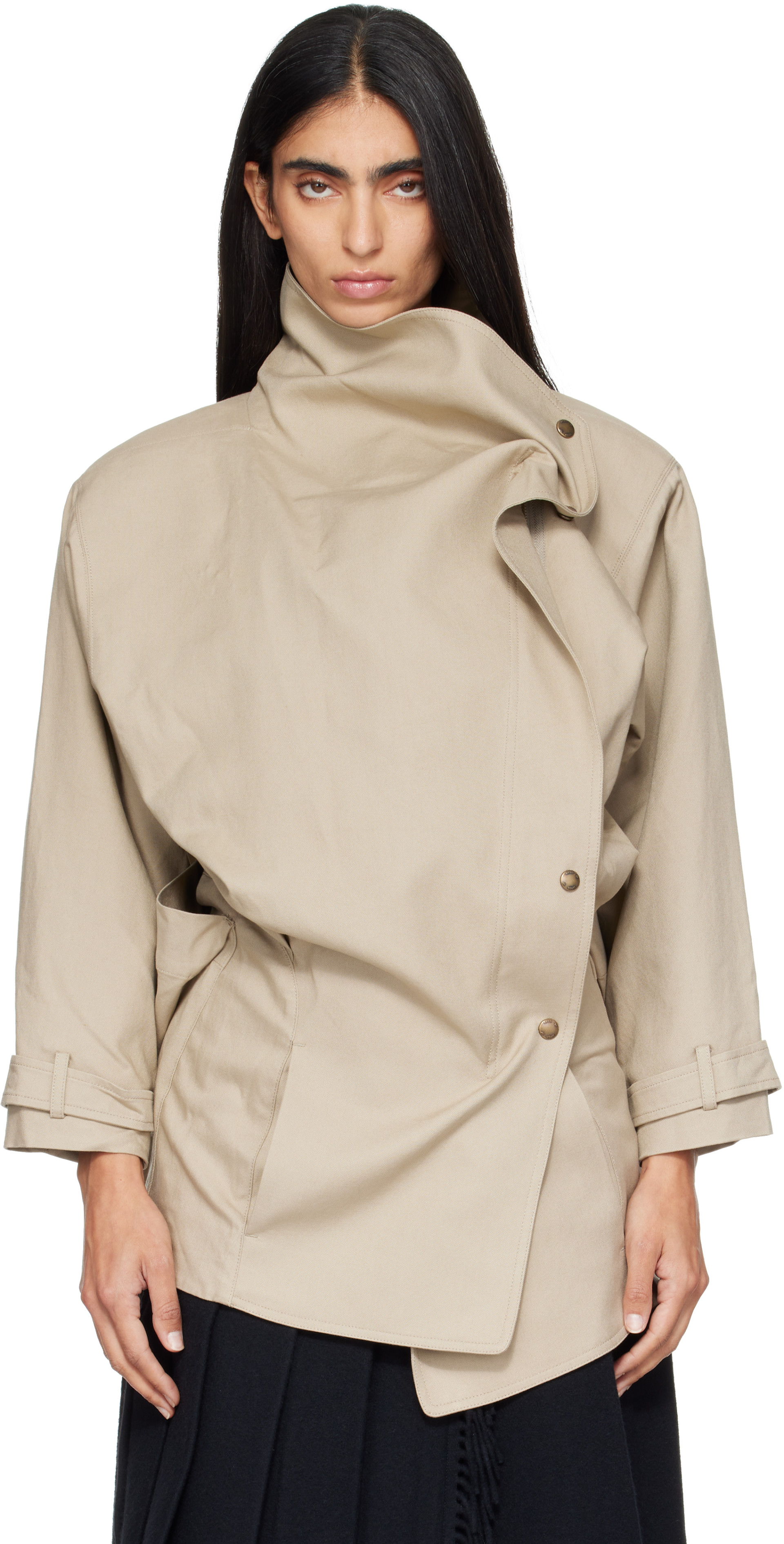 OPEN YY: Beige Drop Collar Half Trench Jacket | SSENSE