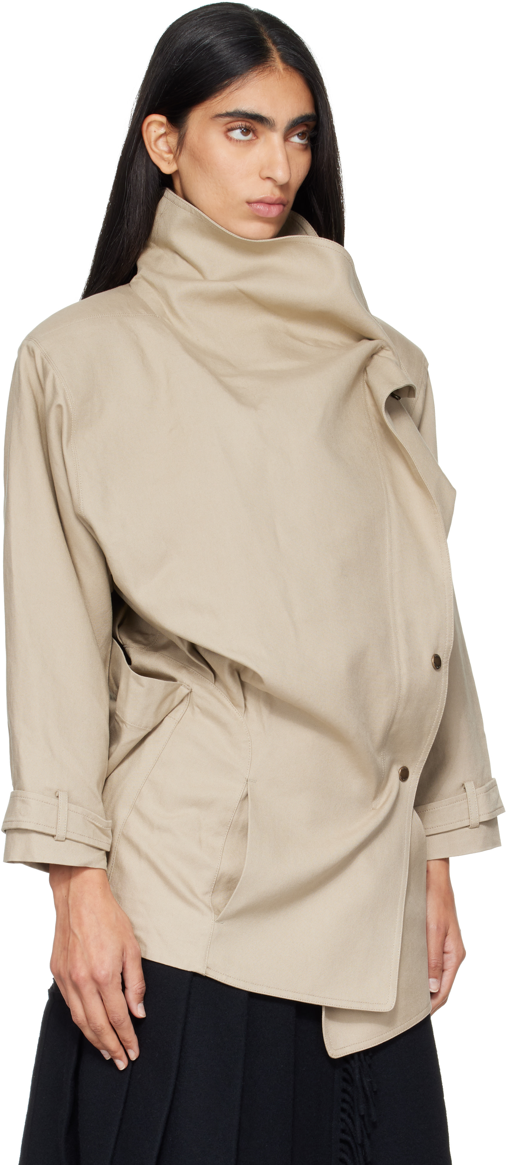 OPEN YY: Beige Drop Collar Half Trench Jacket | SSENSE
