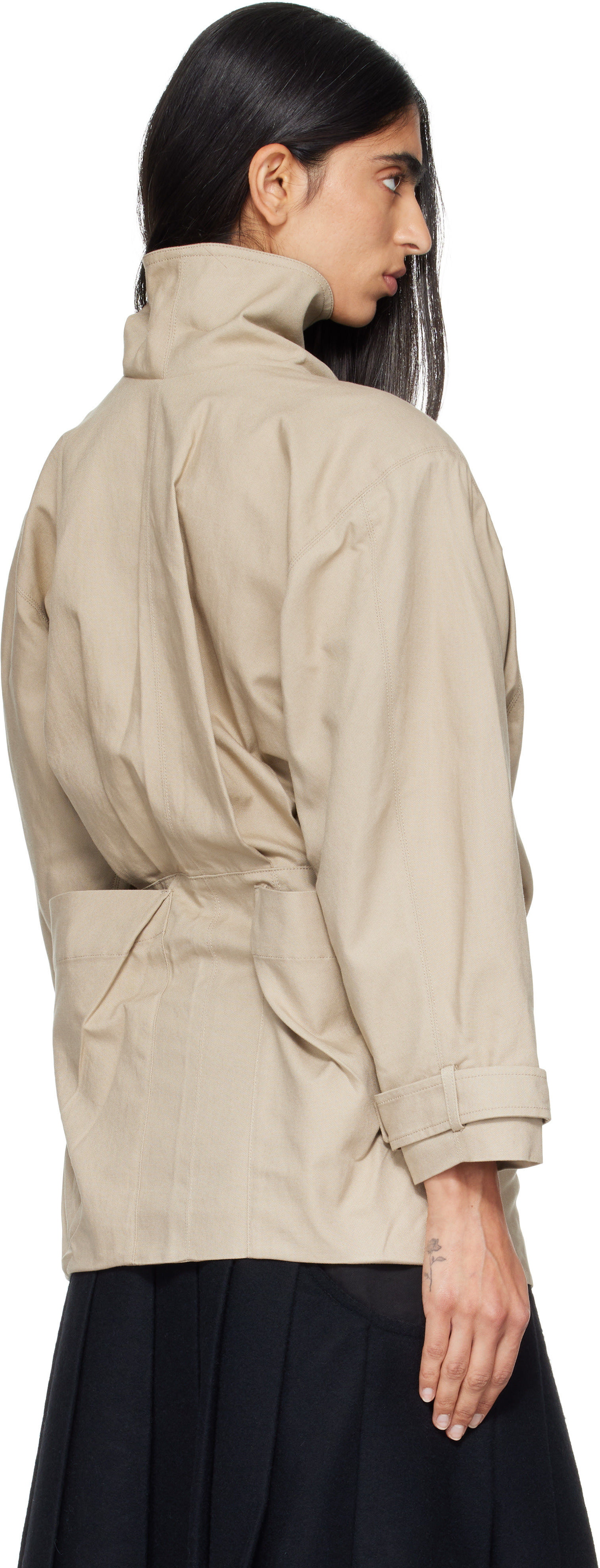 OPEN YY: Beige Drop Collar Half Trench Jacket | SSENSE