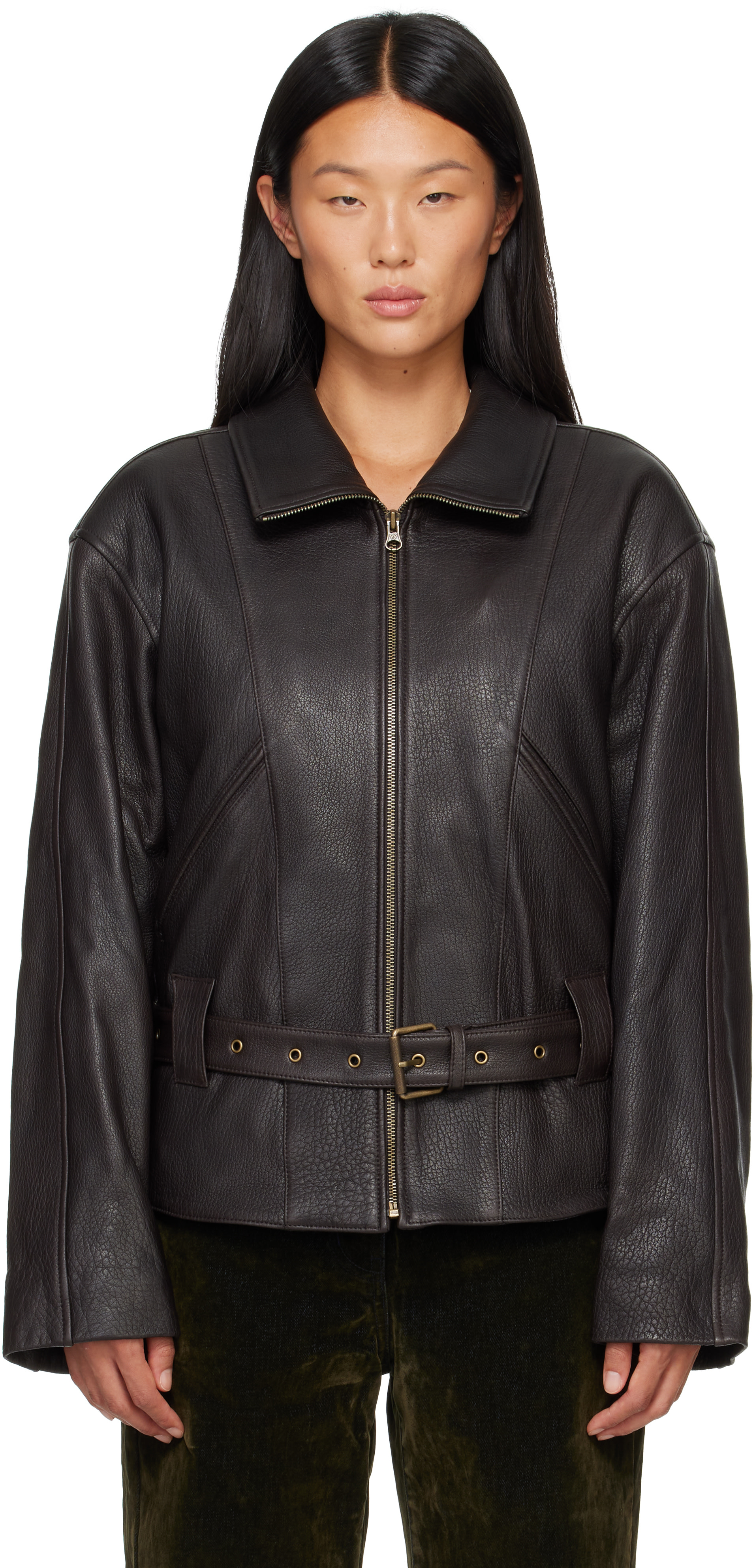 OPEN YY: Brown Belted Leather Jacket | SSENSE