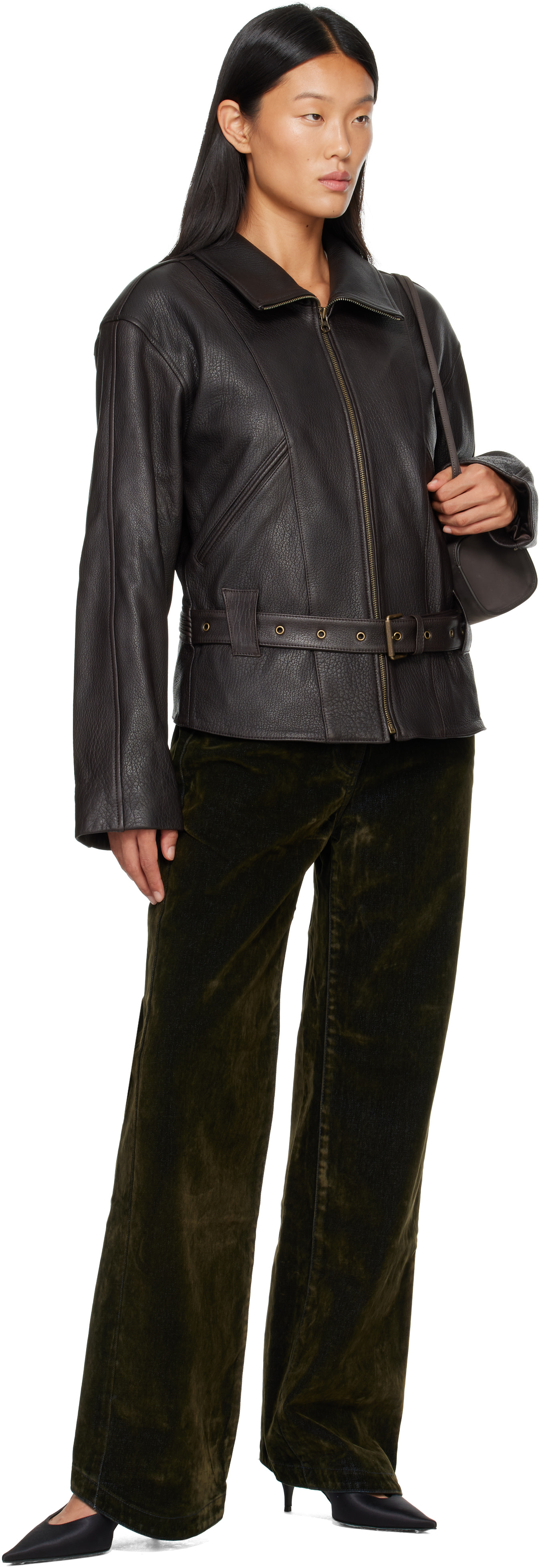 OPEN YY: Brown Belted Leather Jacket | SSENSE