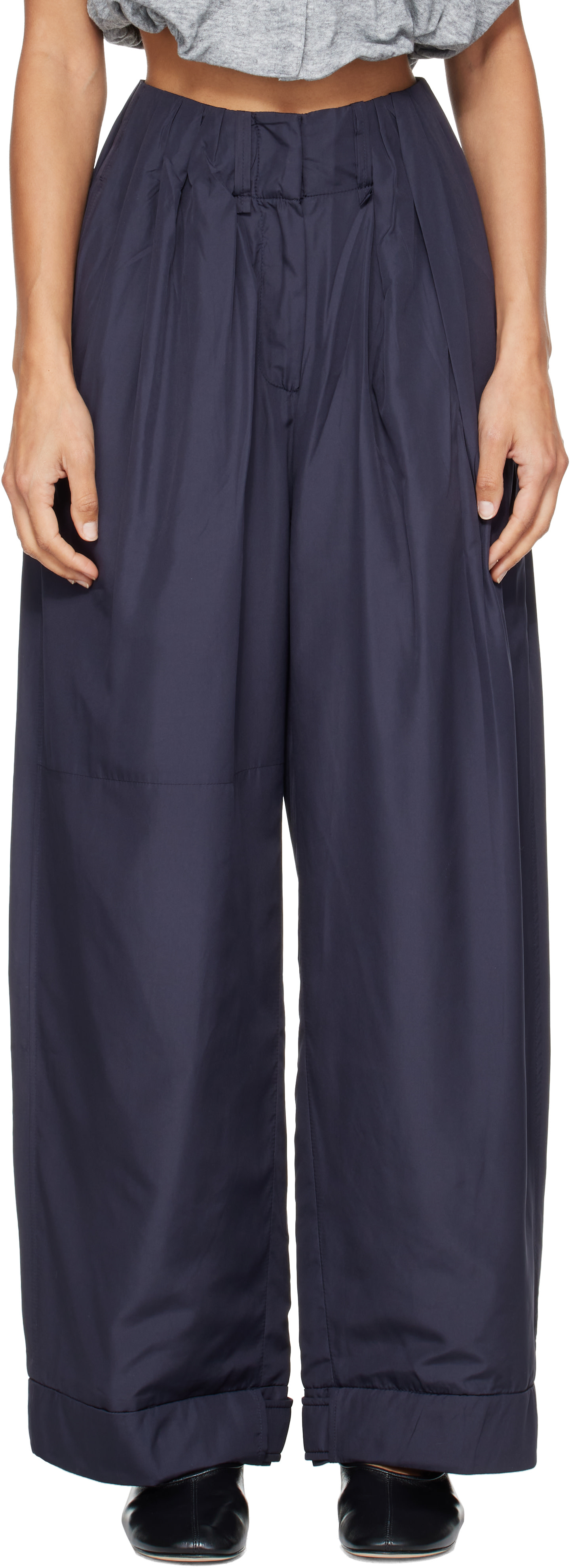 openyy オープンワイワイ　PLEATS LAYERED POCKET OPEN YY: Navy Fluid Full Gather Trousers | SSENSE