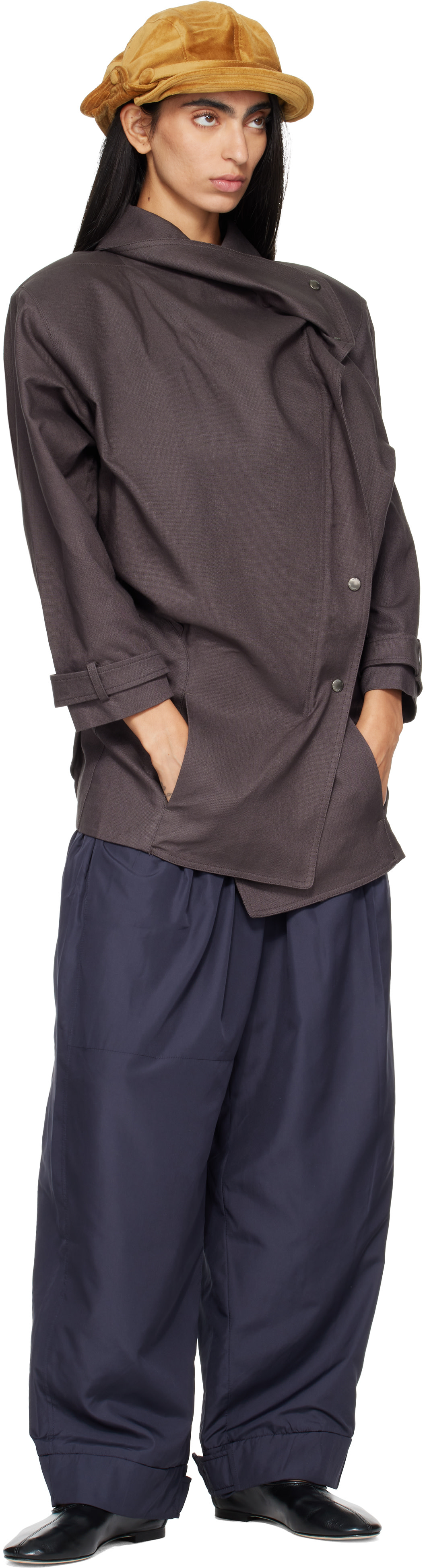 OPEN YY: Navy Fluid Full Gather Trousers | SSENSE