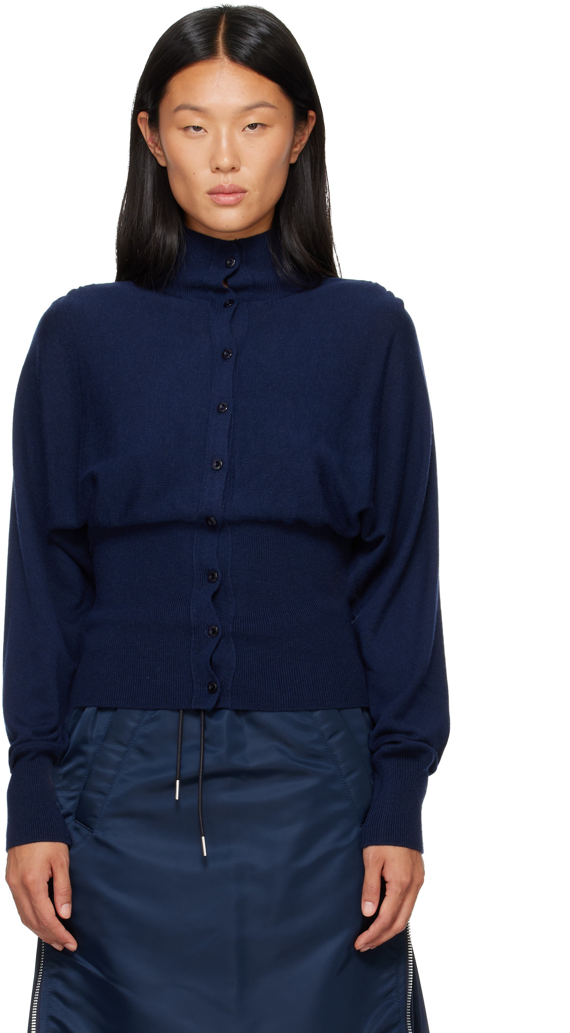open yy カーディガン OPEN YY: Navy Button Up Blouson Cardigan | SSENSE