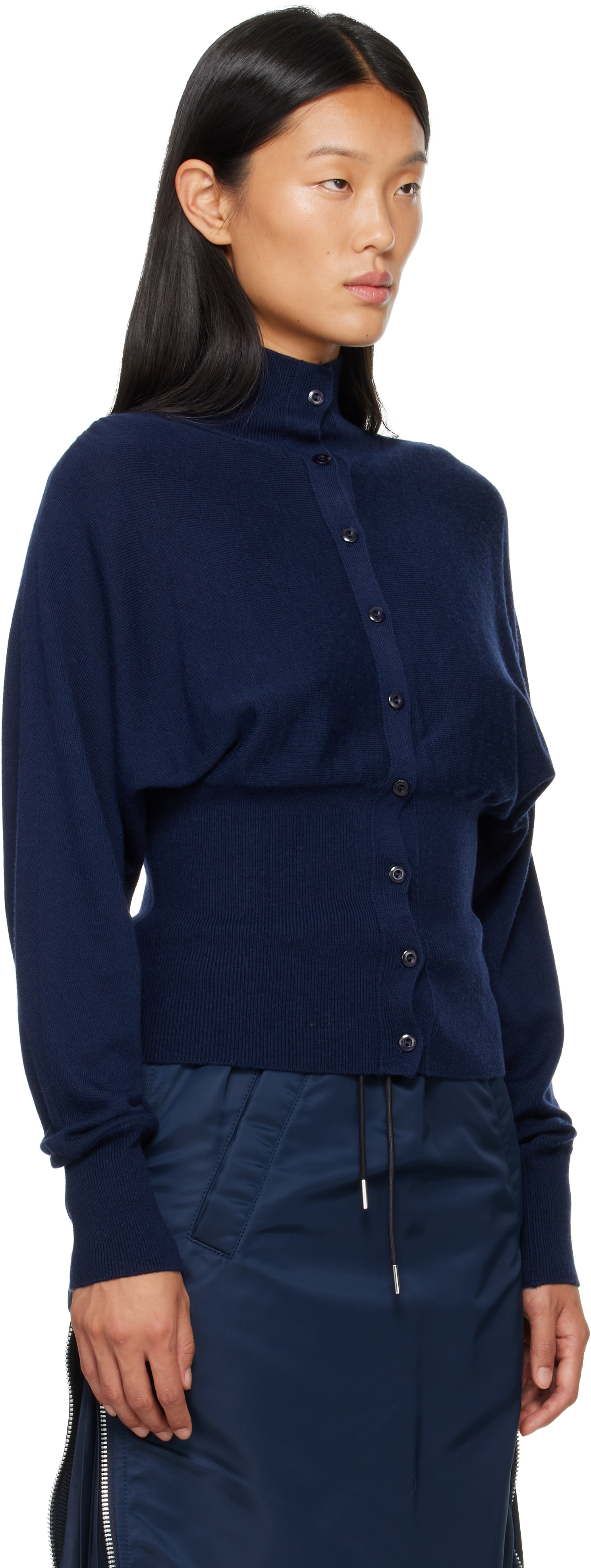 OPEN YY: Navy Button Up Blouson Cardigan | SSENSE