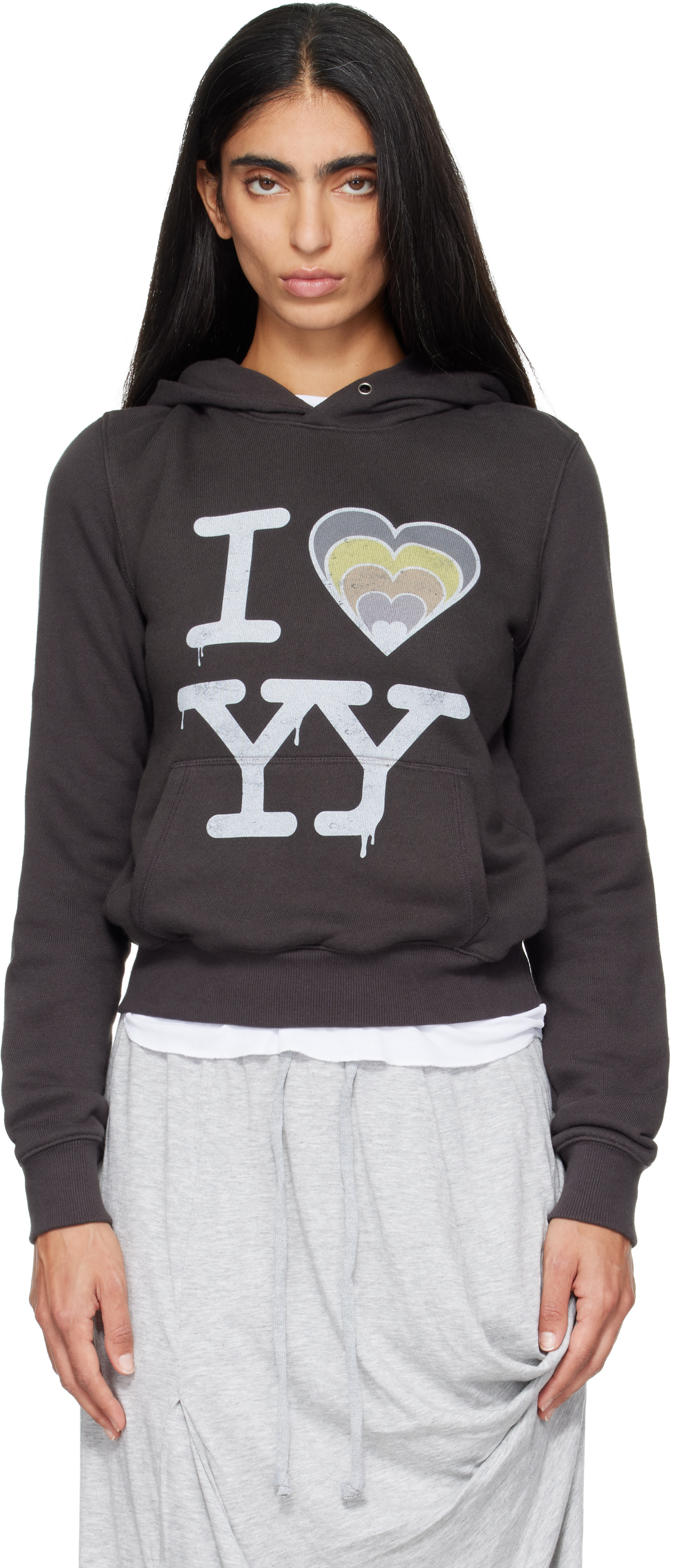 OPEN YY - Pull à capuche 'I Love Yy' gris
