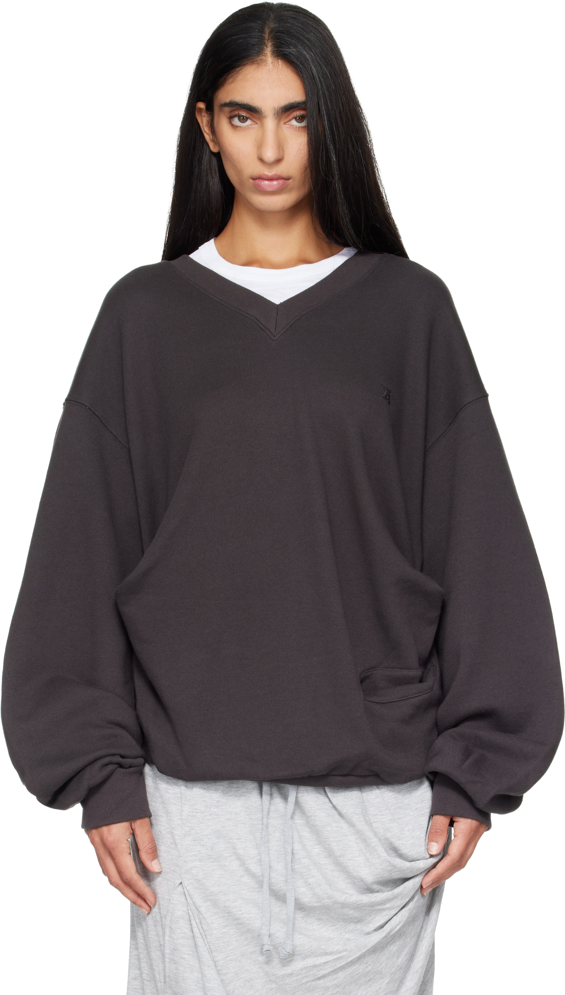 OPEN YY - Pull molletonné décontracté gris à col en V