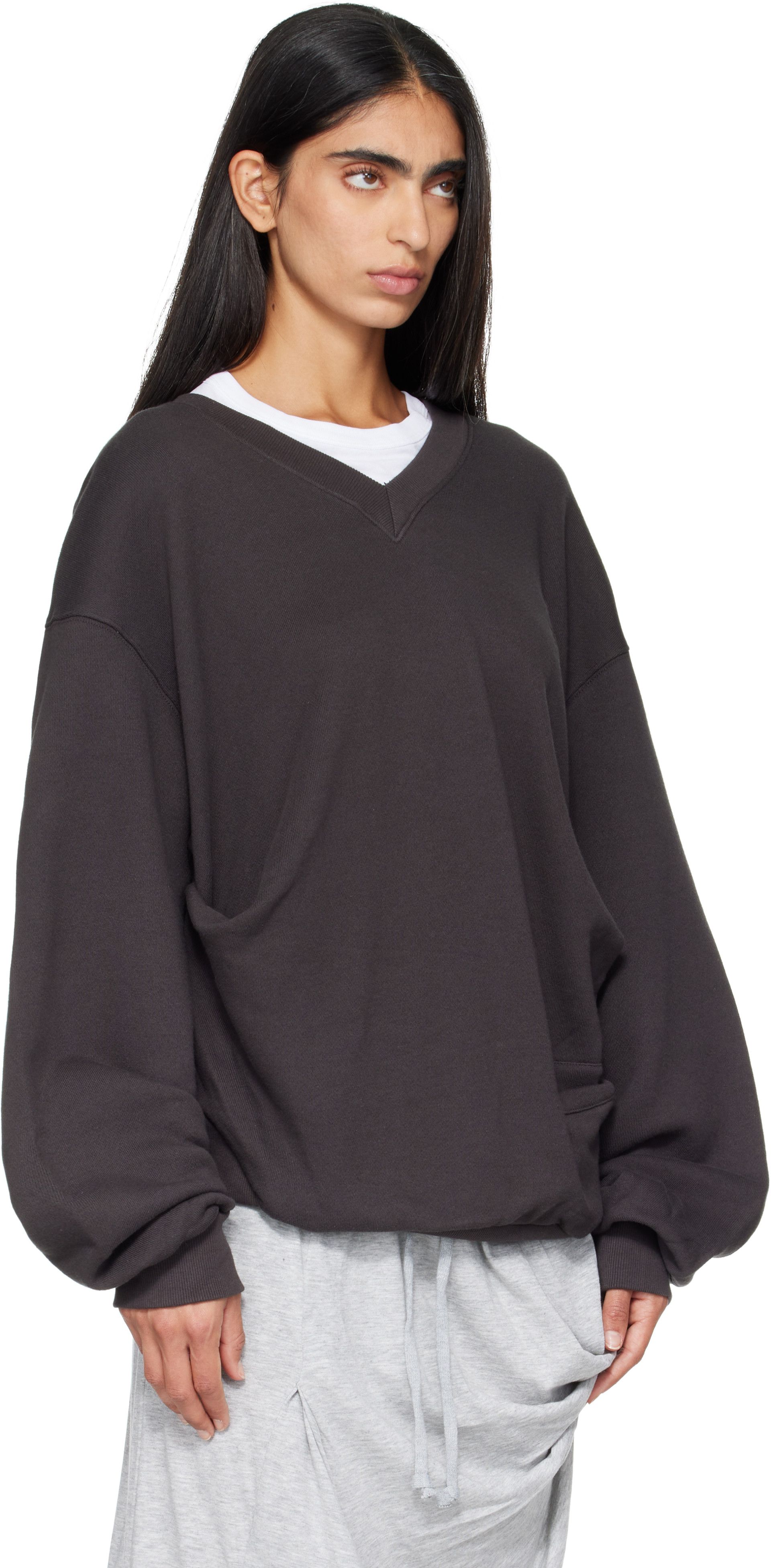OPEN YY - Pull molletonné décontracté gris à col en V