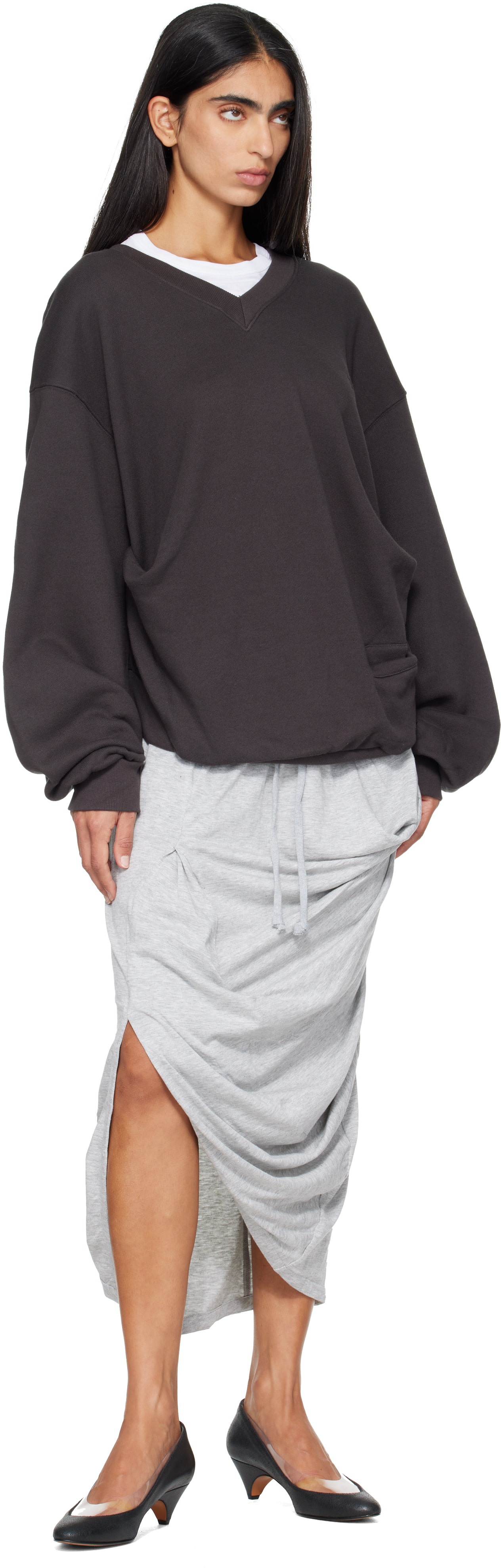OPEN YY - Pull molletonné décontracté gris à col en V