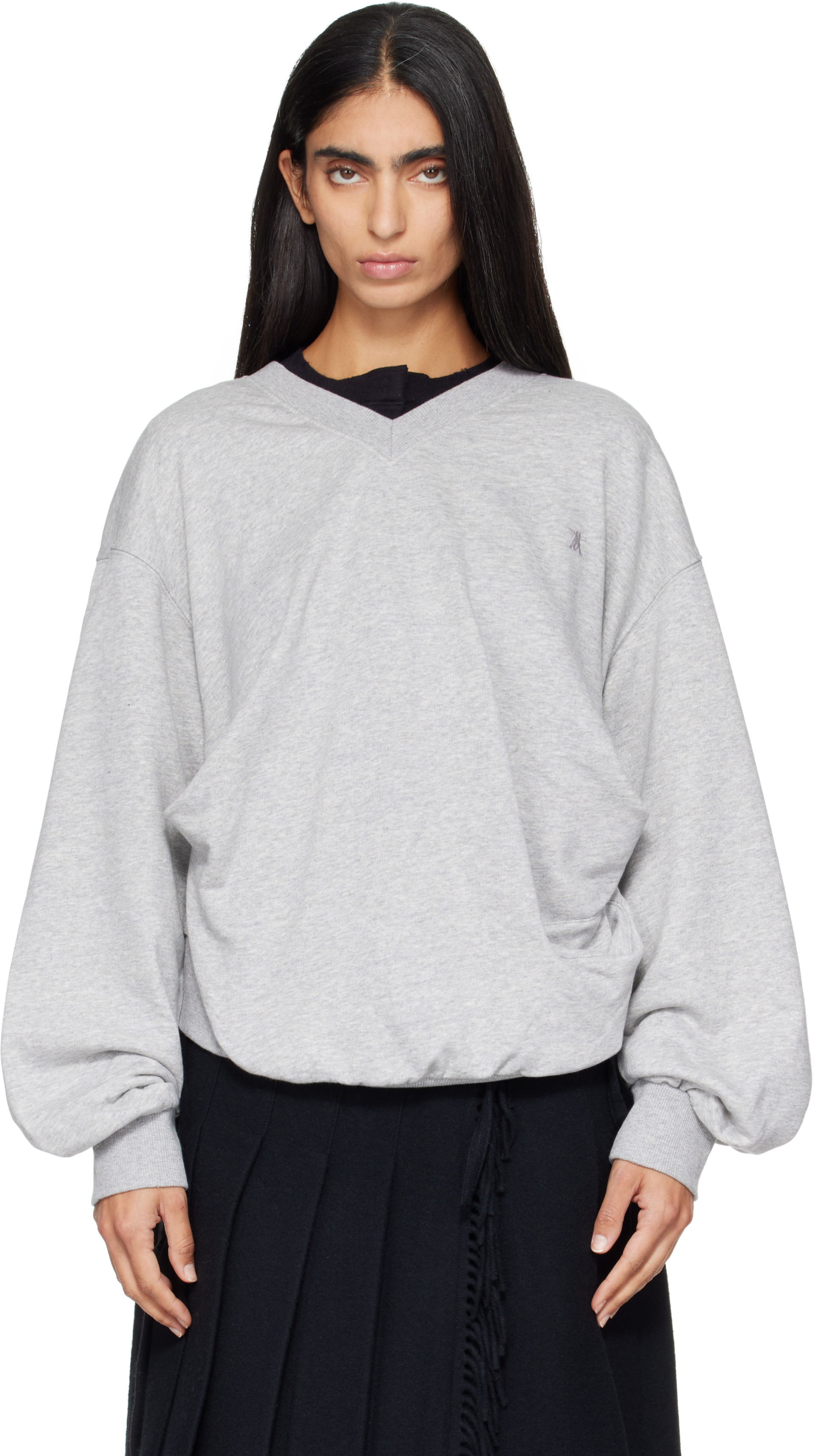 OPEN YY - Pull molletonné décontracté gris à col en V