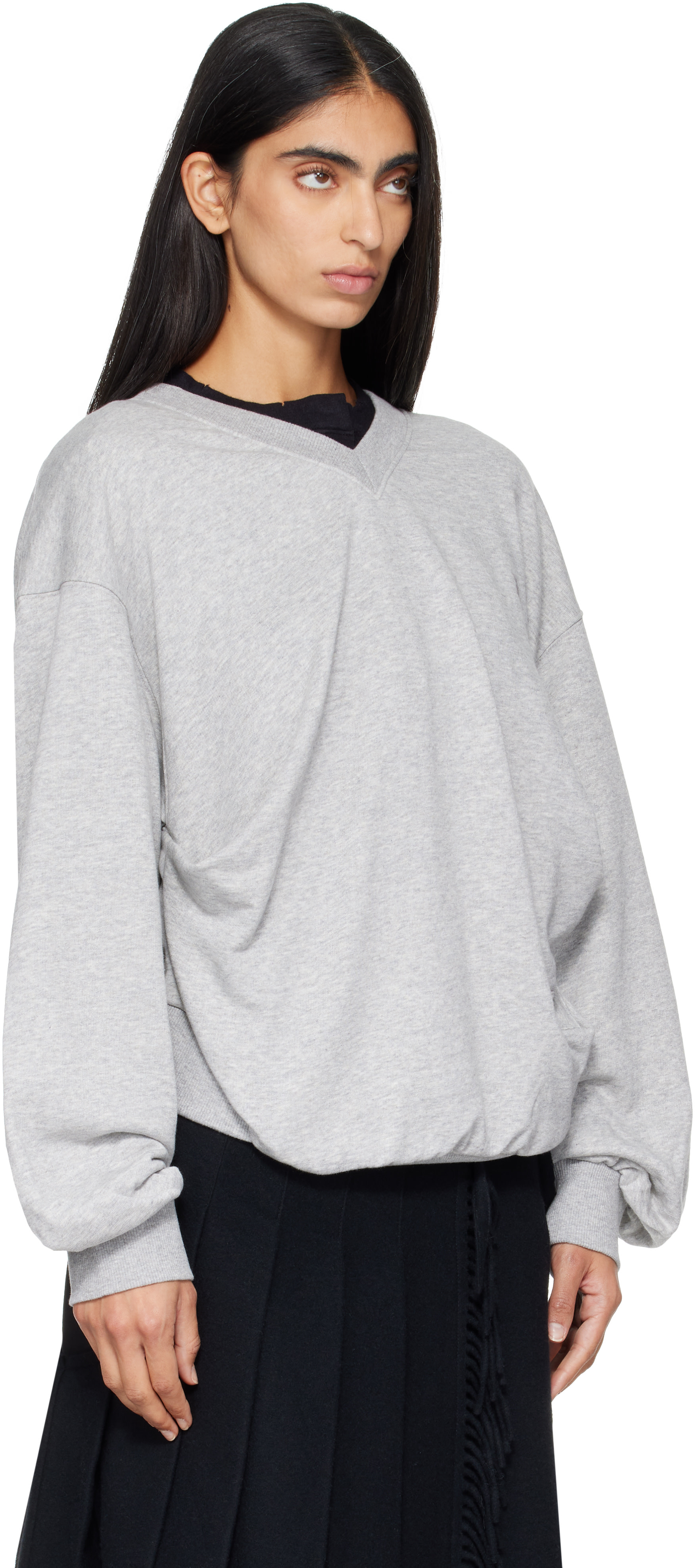 OPEN YY - Pull molletonné décontracté gris à col en V