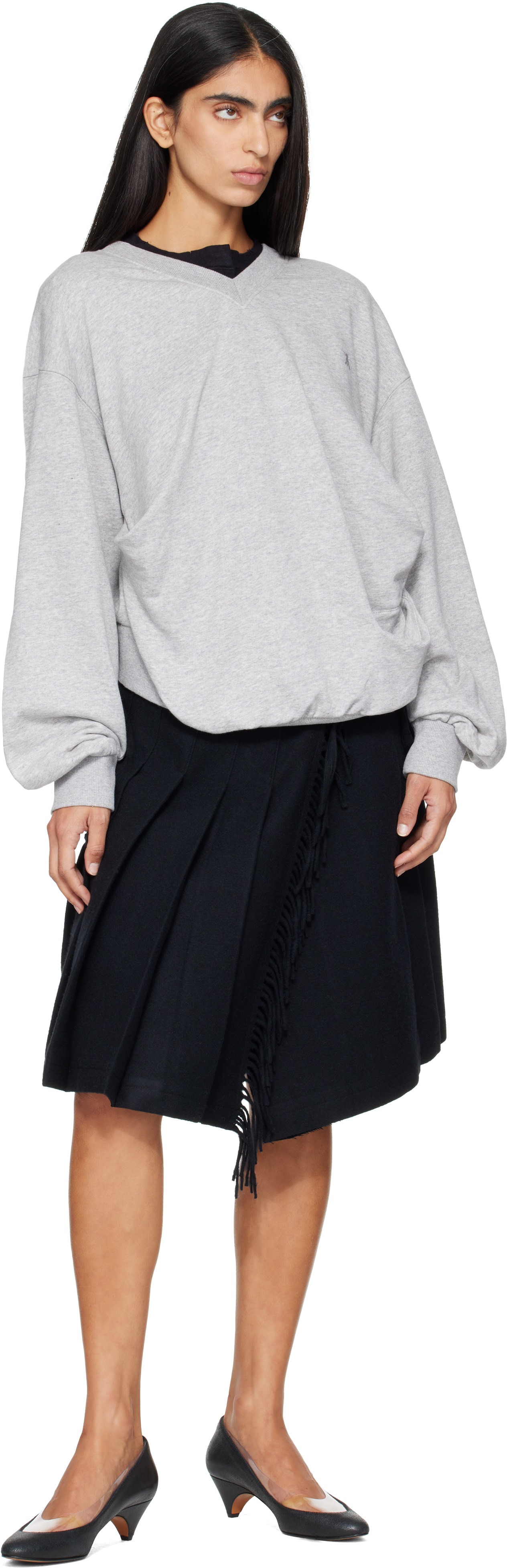 OPEN YY - Pull molletonné décontracté gris à col en V