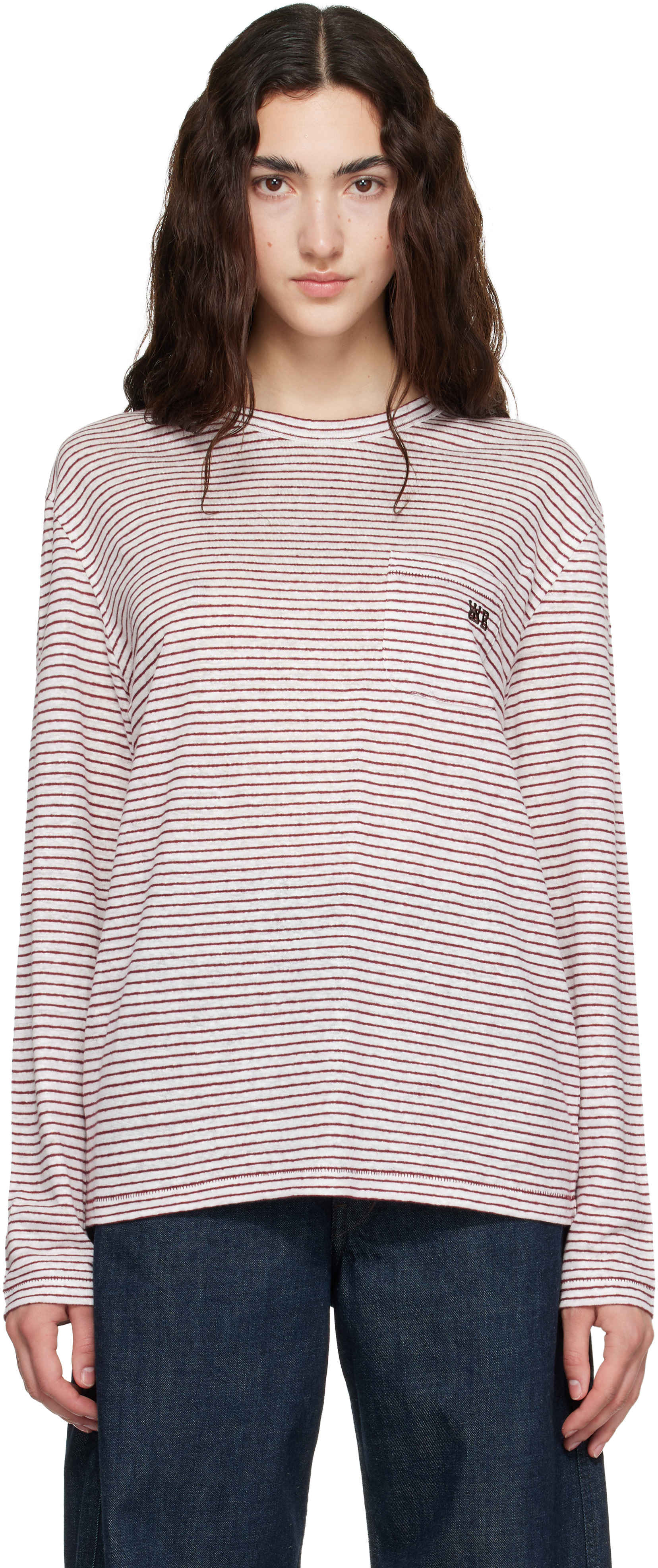 Wales Bonner: Off-White & Burgundy Linen Stripe Jersey Hour T