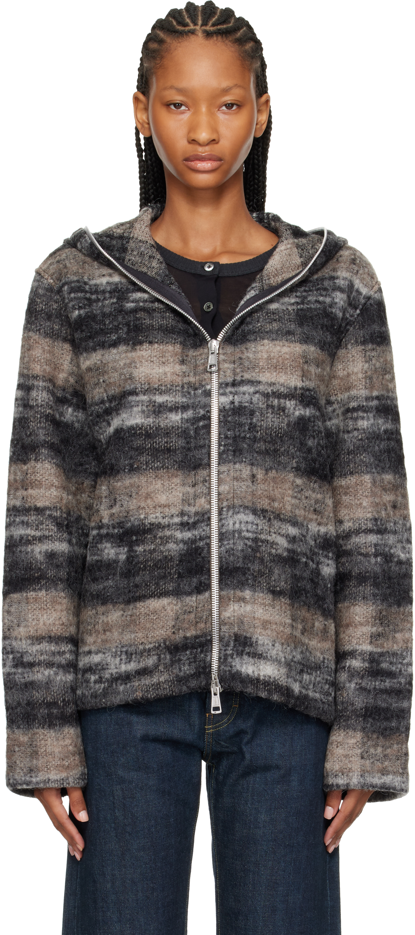 OUR LEGACY - Pull à capuche gris et beige à glissière