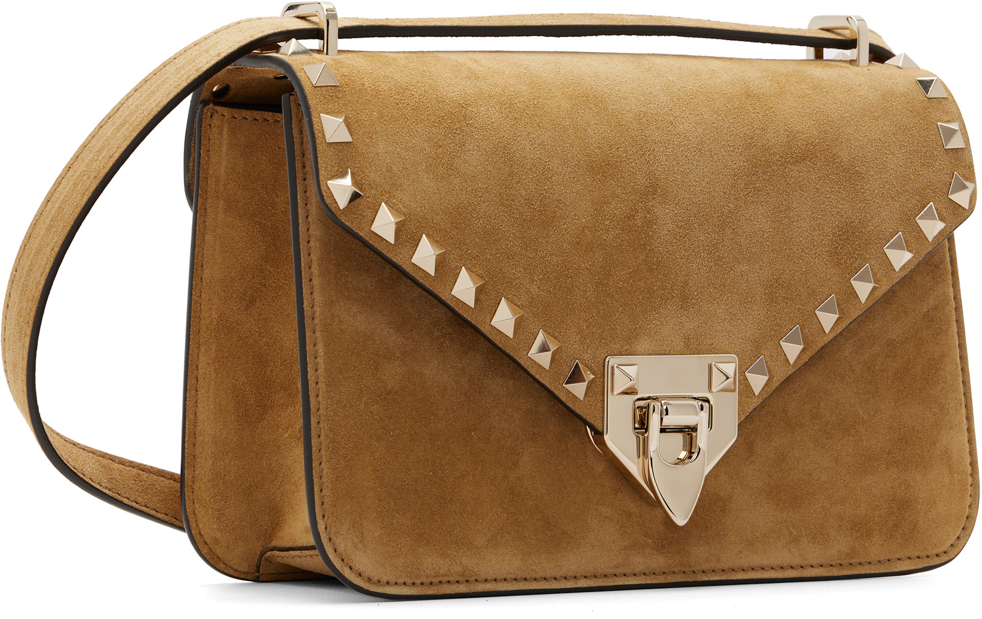 Valentino Garavani: Tan Rockstud Small Shoulder Suede Bag | SSENSE