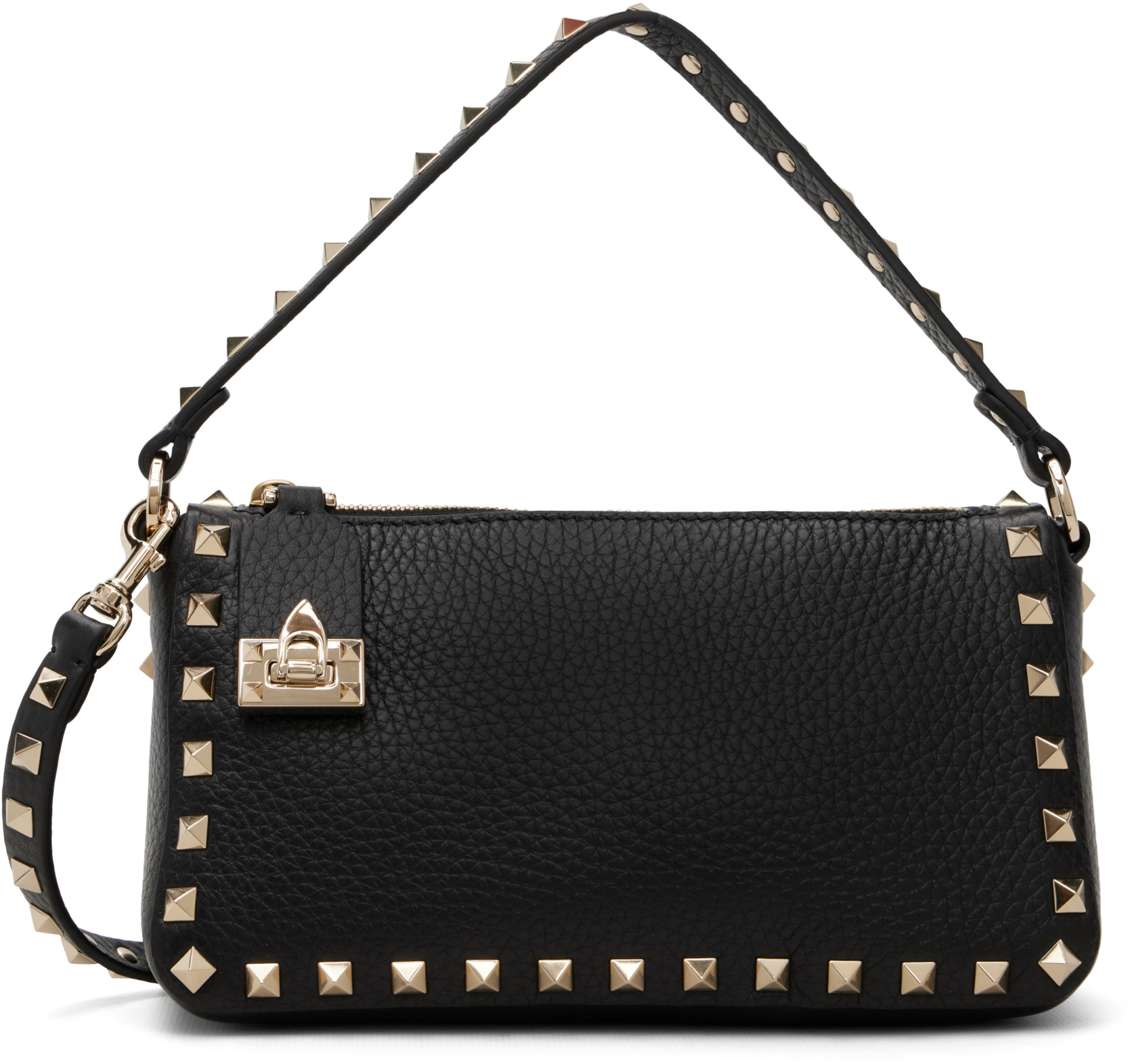 Valentino Garavani: Black Grained Leather Rockstud Small Shoulder