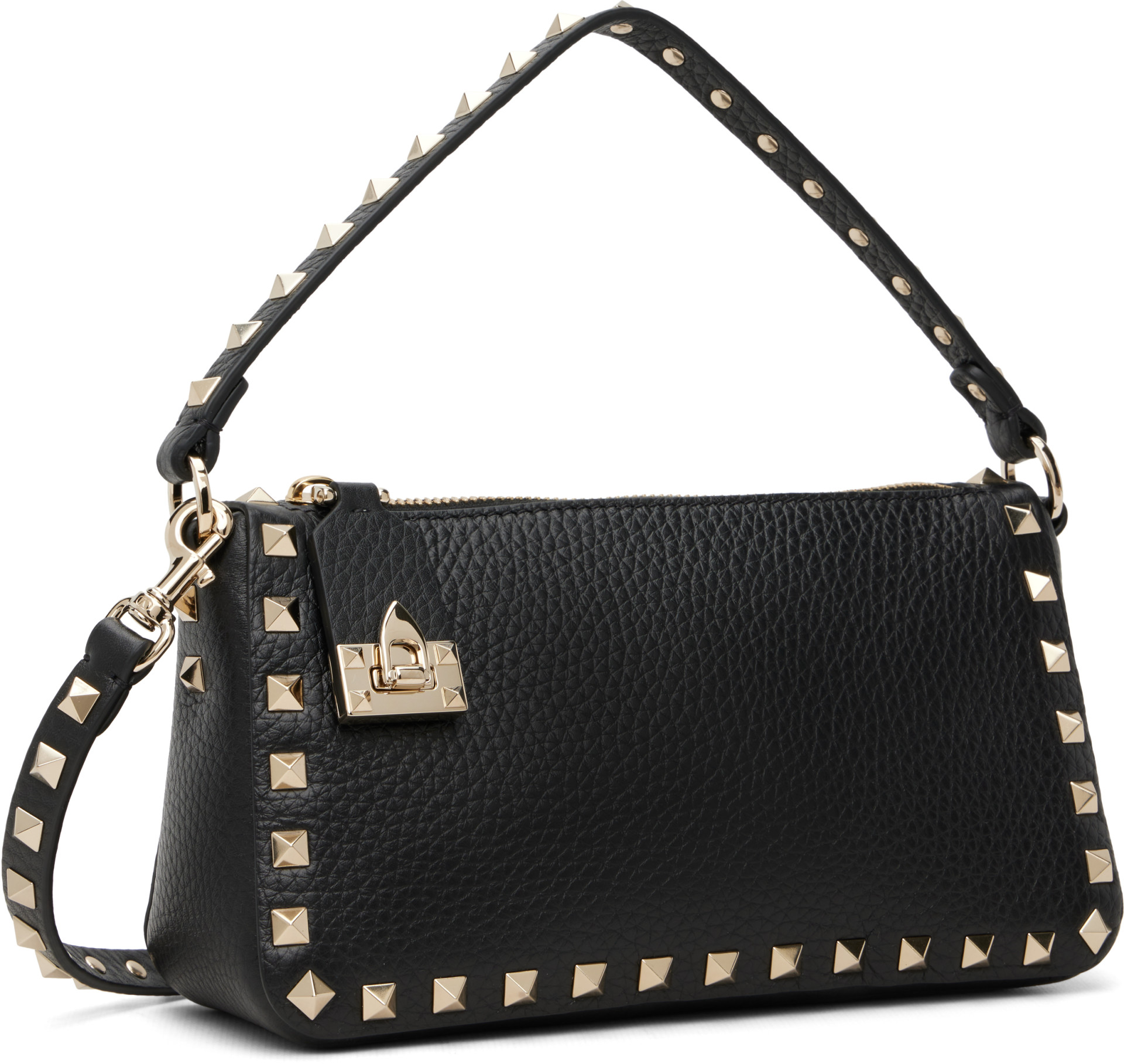 Valentino Garavani: Black Grained Leather Rockstud Small Shoulder