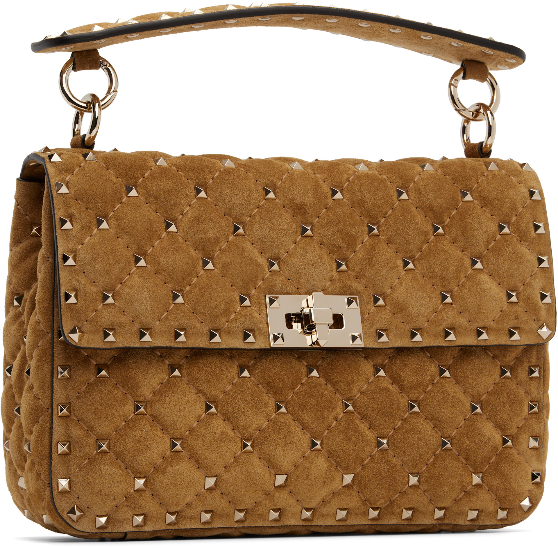 Valentino Garavani: Tan Rockstud Spike Medium Suede Bag | SSENSE