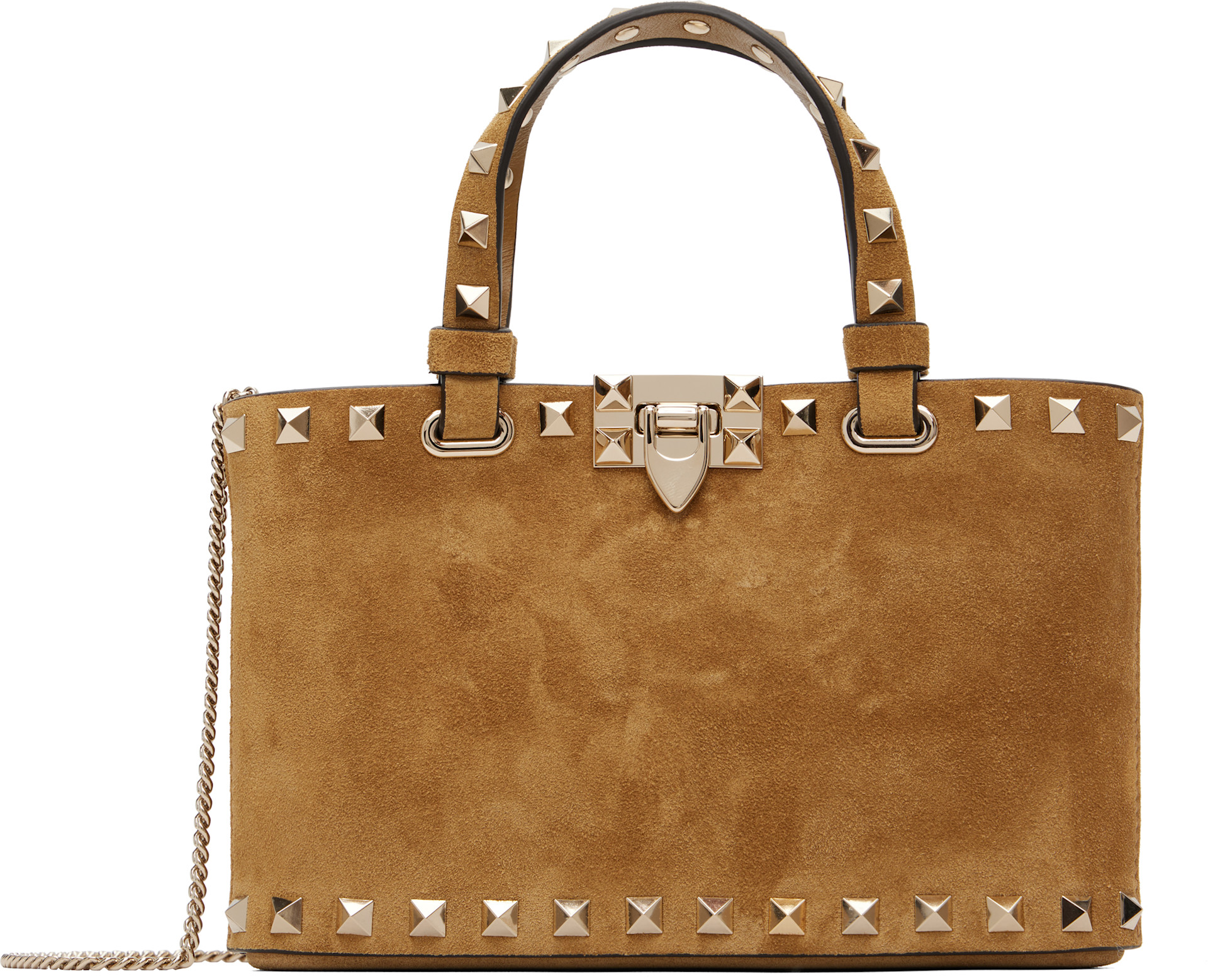 Valentino Garavani: タン ミニ Rockstud Suede Shopping トートバッグ