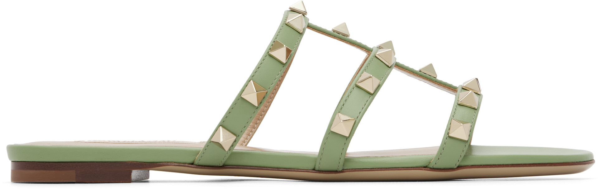 VALENTINO グリーン Valentino Garavani: Green Rockstud Flat Slide Sandals | SSENSE