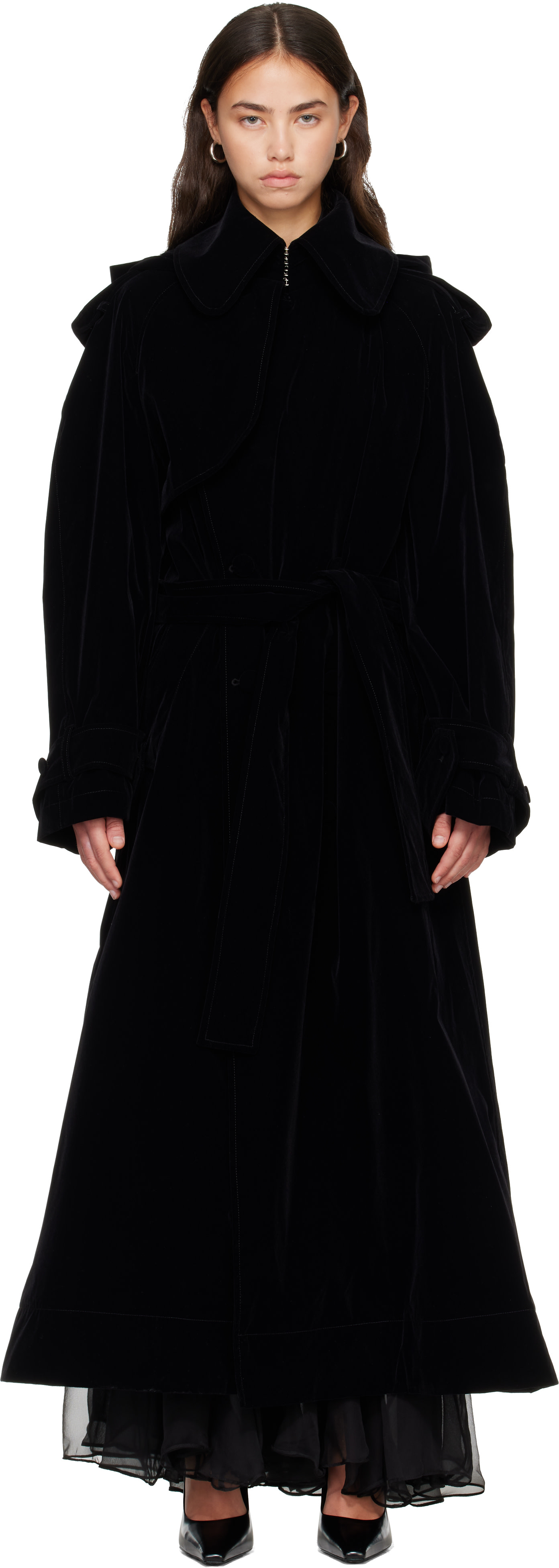 Jean Paul Gaultier: Black Nylon Flock Long Trench Coat | SSENSE