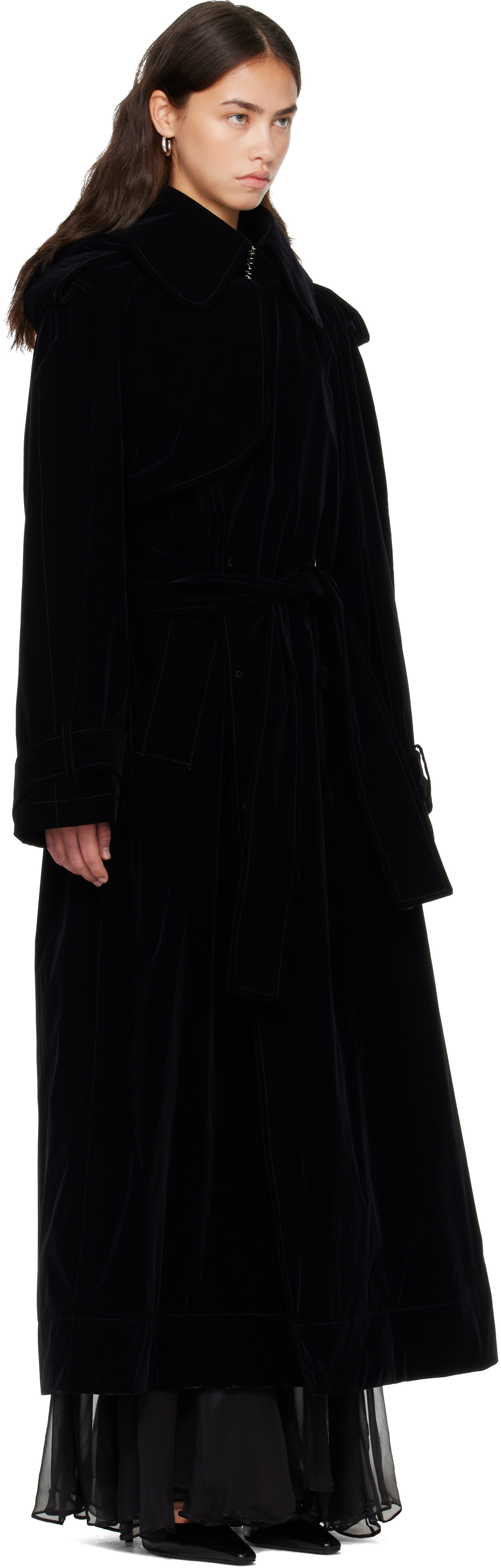 Jean Paul Gaultier: Black Nylon Flock Long Trench Coat | SSENSE