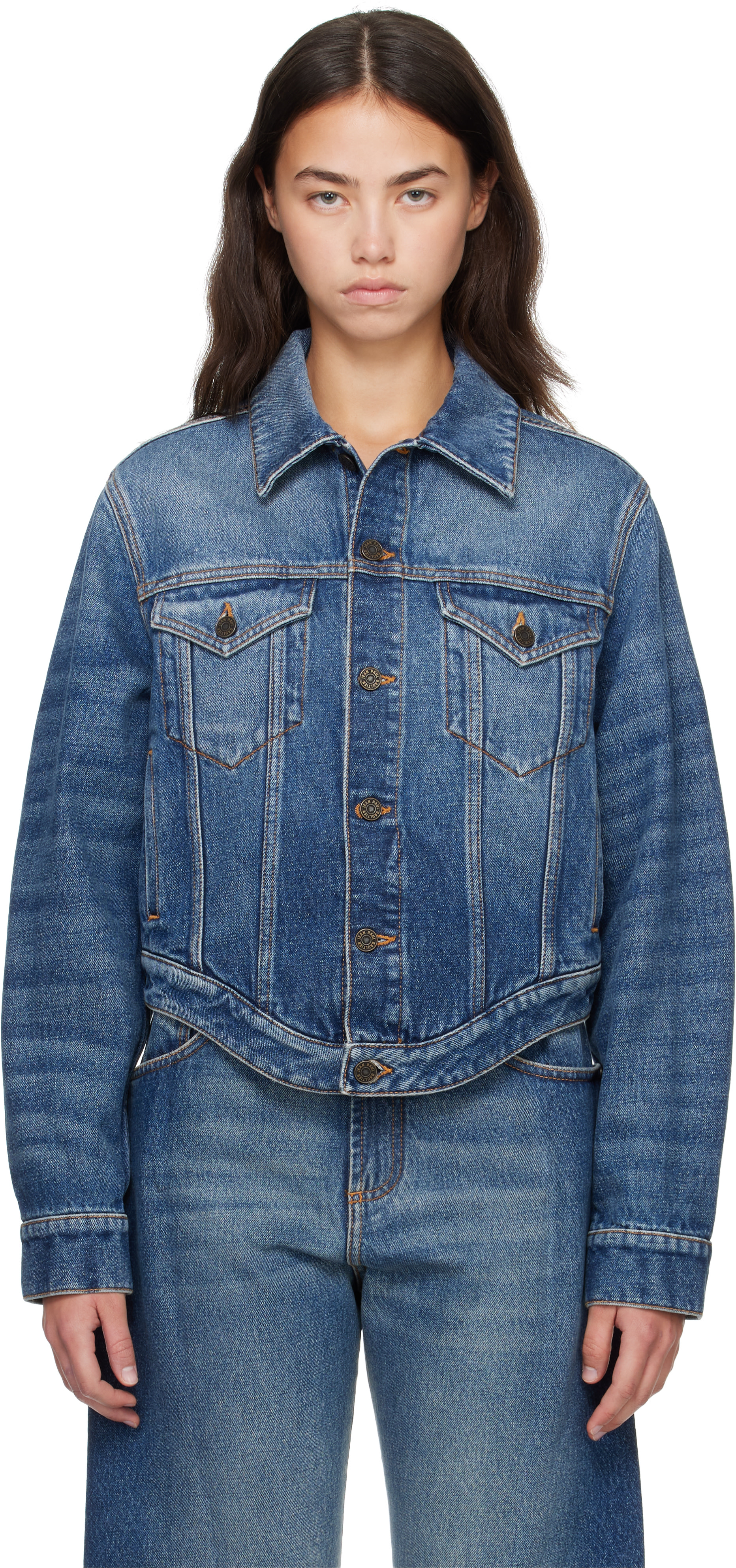 archive Jean Paul Gaultierデニムジャケットパワーネット Jean Paul Gaultier: Blue 'The JPG Curved' Denim Jacket | SSENSE