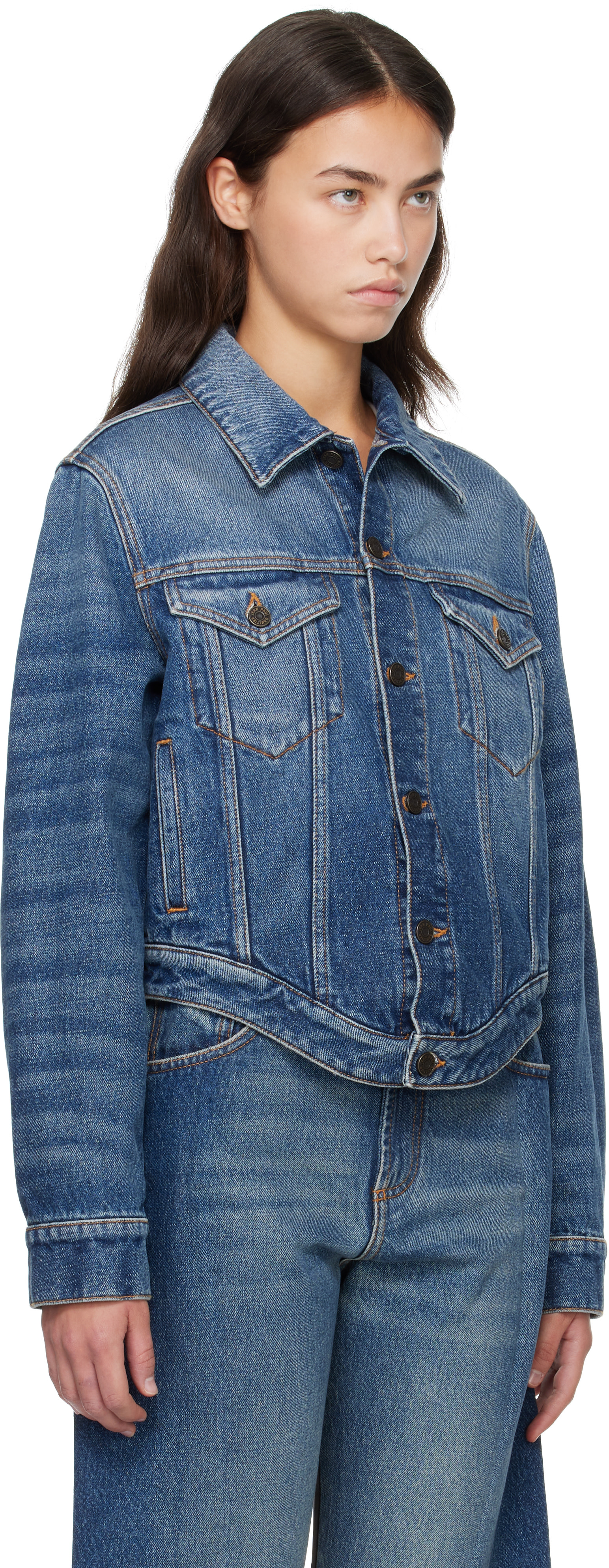 Jean Paul Gaultier: Blue 'The JPG Curved' Denim Jacket | SSENSE