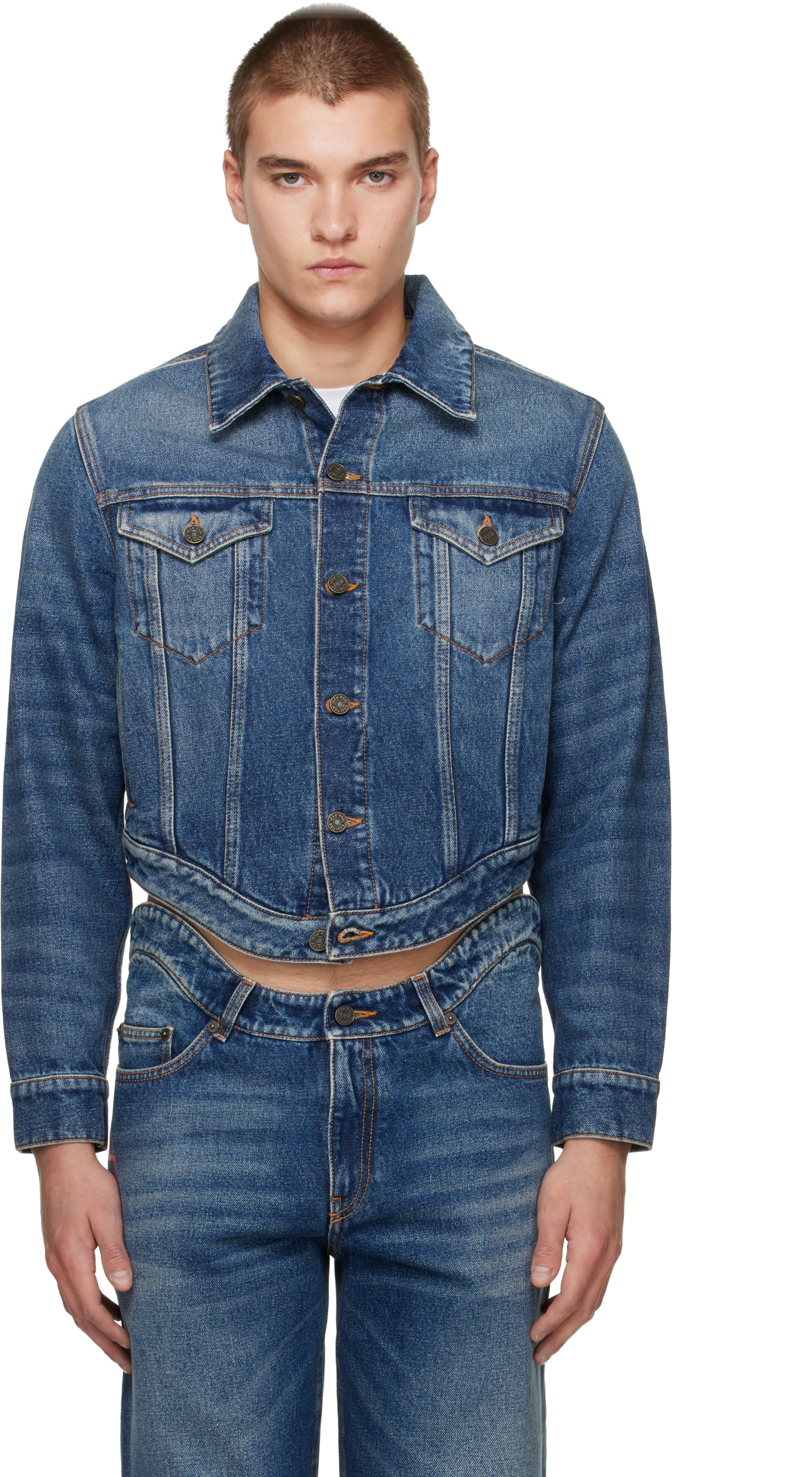 Jean Paul Gaultier: Blue 'The JPG Curved' Denim Jacket | SSENSE