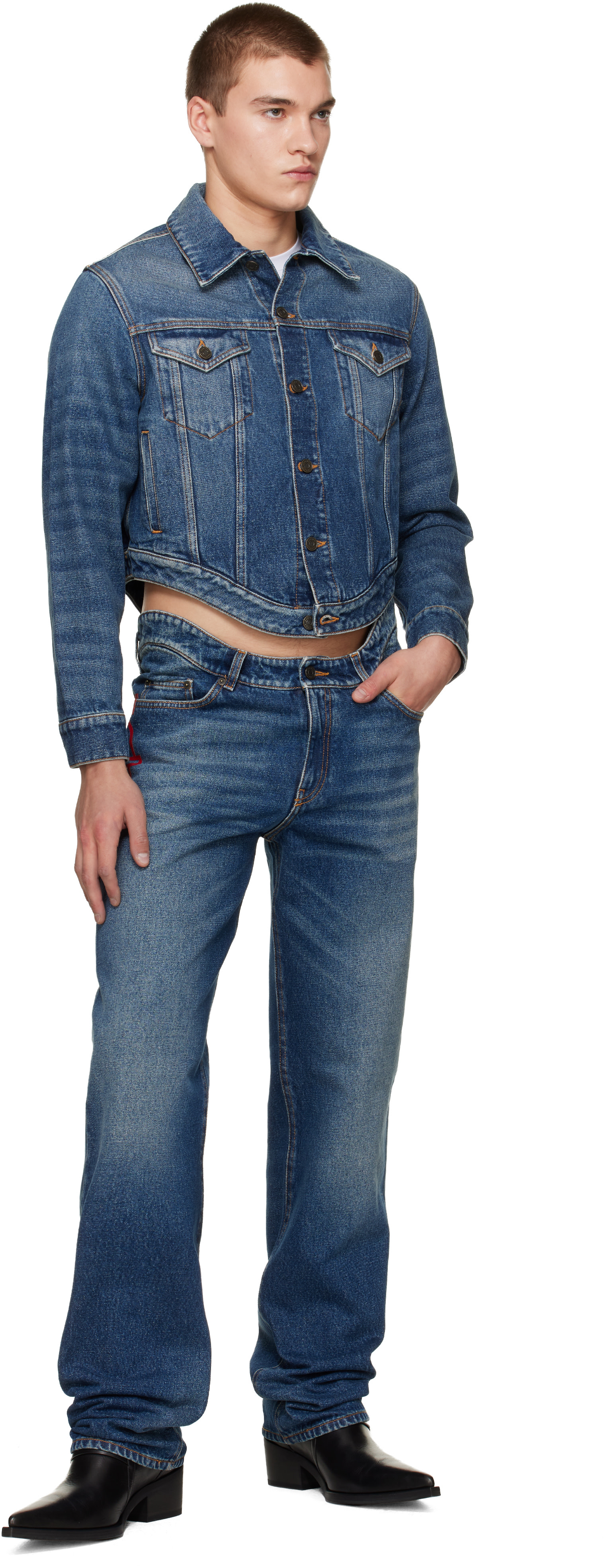 Jean Paul Gaultier: Blue 'The JPG Curved' Denim Jacket | SSENSE