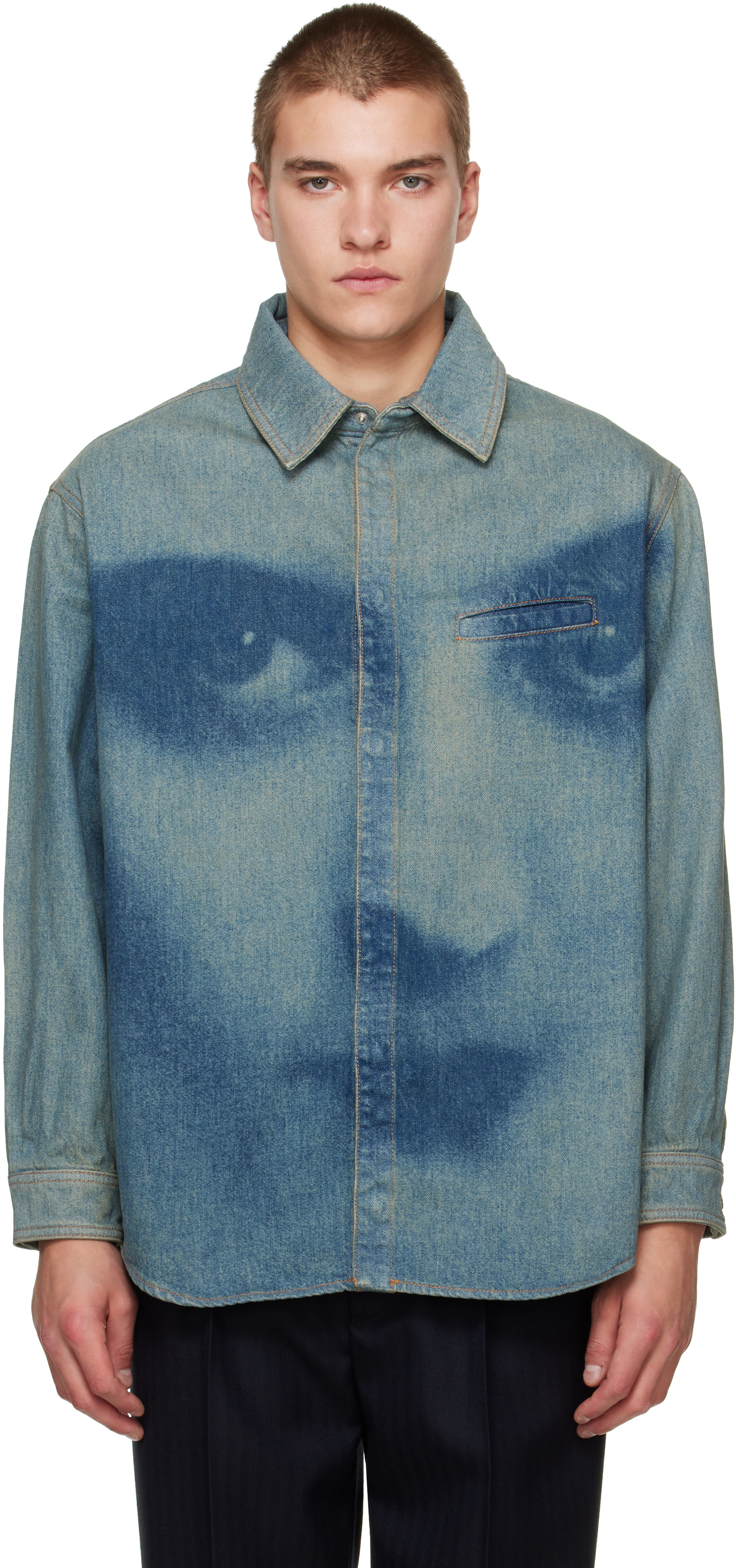 Jean Paul Gaultier: Blue Face Print Oversized Denim Shirt | SSENSE