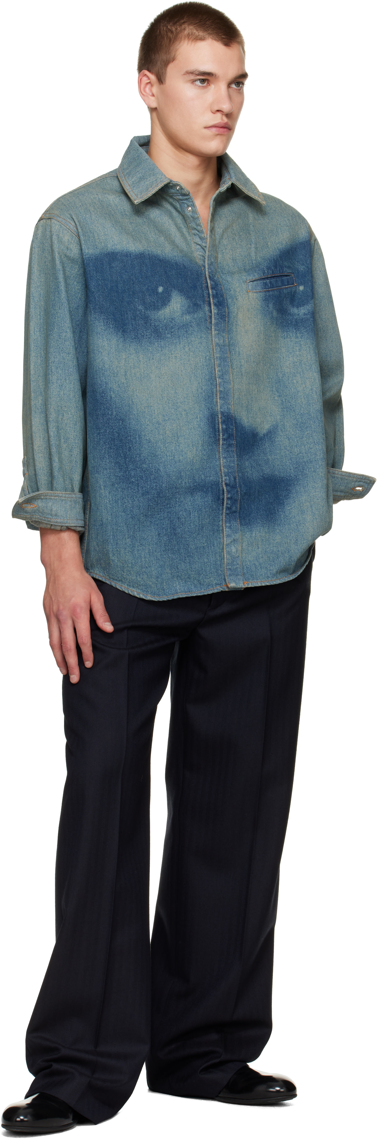 Jean Paul Gaultier: Blue Face Print Oversized Denim Shirt | SSENSE