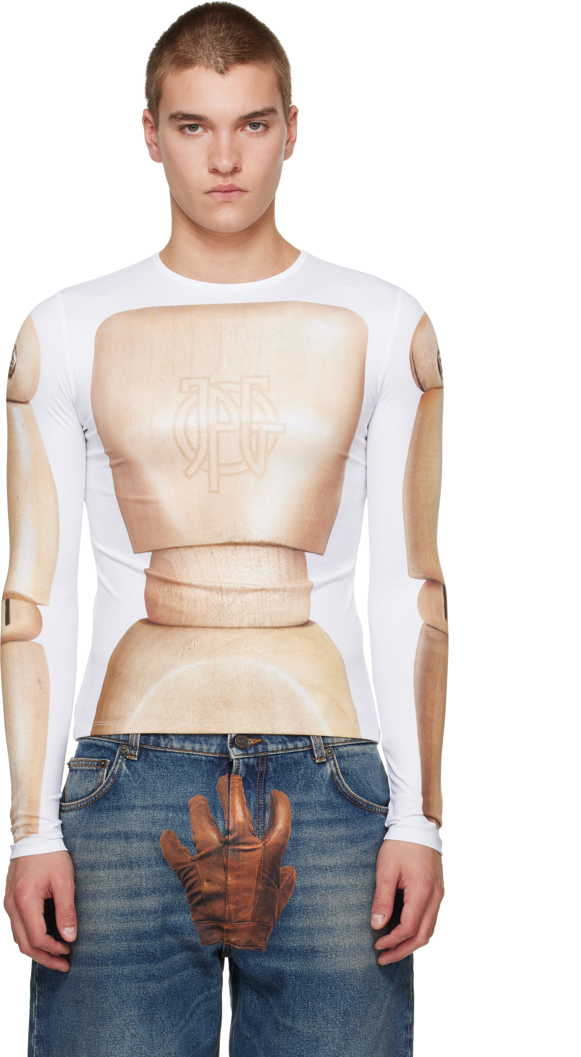 Jean Paul Gaultier: White & Beige 'The Wooden Body' T-shirt | SSENSE