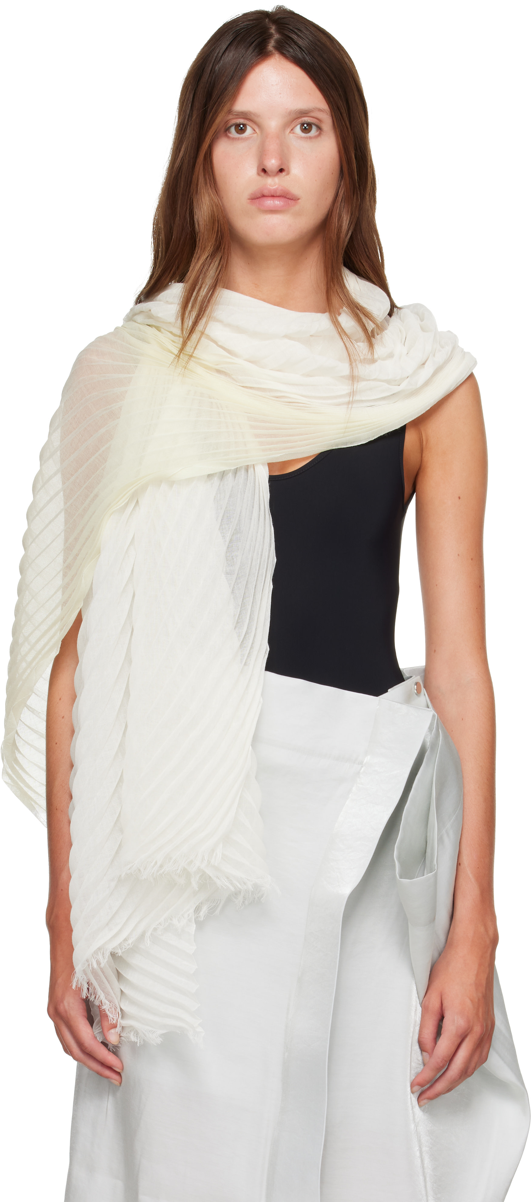 ISSEY MIYAKE: Off-White Gradation Ramie Pleats Scarf | SSENSE