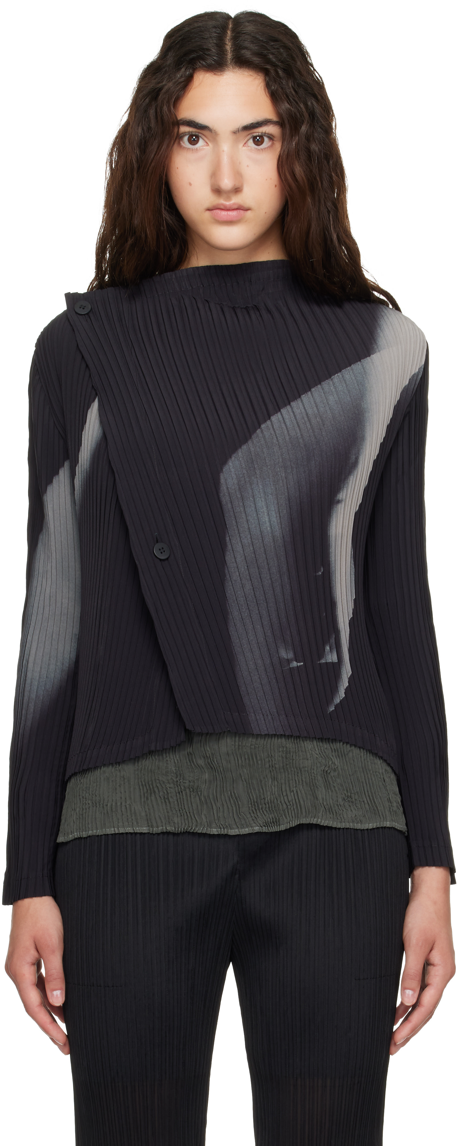 ISSEY MIYAKE: Black & Gray 'HANDS OF LOVER' Pleats Cardigan | SSENSE