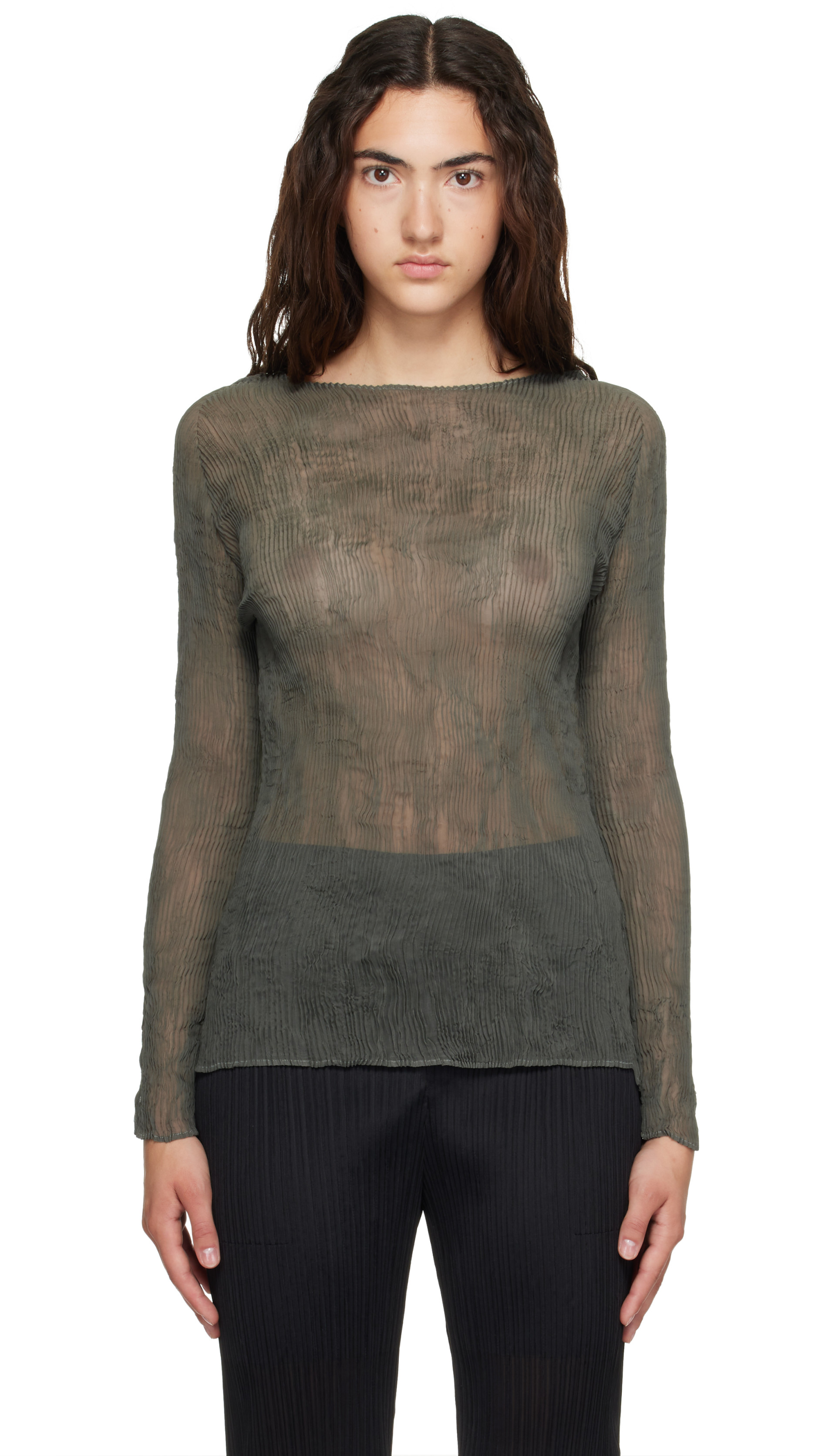 ISSEY MIYAKE: Green Chiffon Twist 2 Top | SSENSE ISSEY MIYAKE: Green Chiffon Twist 2 Top | SSENSE