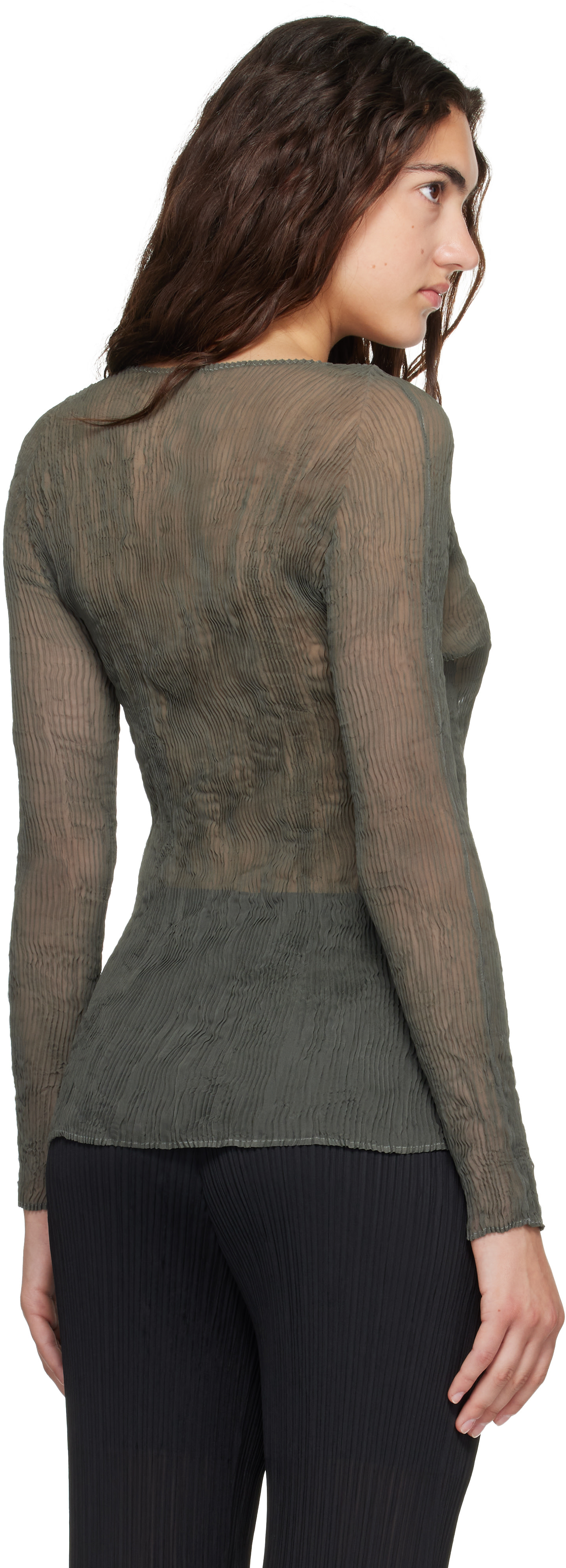 ISSEY MIYAKE: Green Chiffon Twist 2 Top | SSENSE