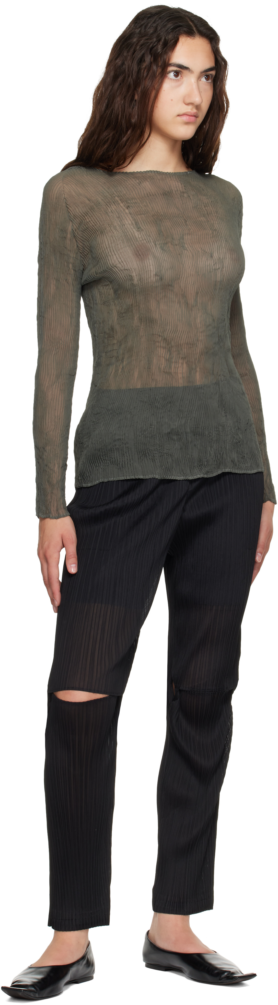 ISSEY MIYAKE: Green Chiffon Twist 2 Top | SSENSE