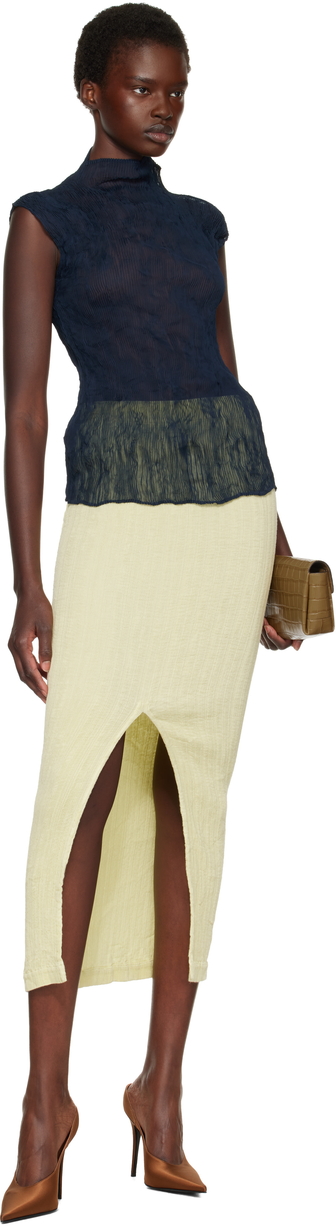 ISSEY MIYAKE: Navy Chiffon Twist 1 Top | SSENSE