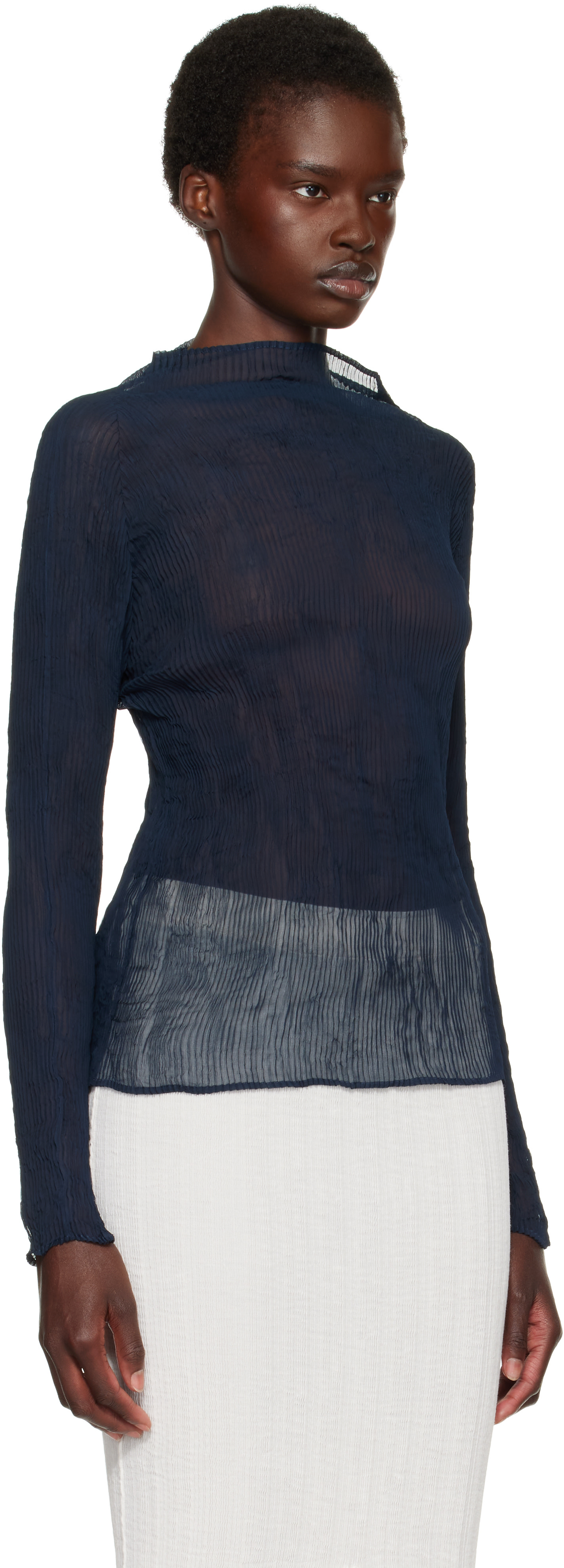 ISSEY MIYAKE: Navy Chiffon Twist 1 Top | SSENSE Israel