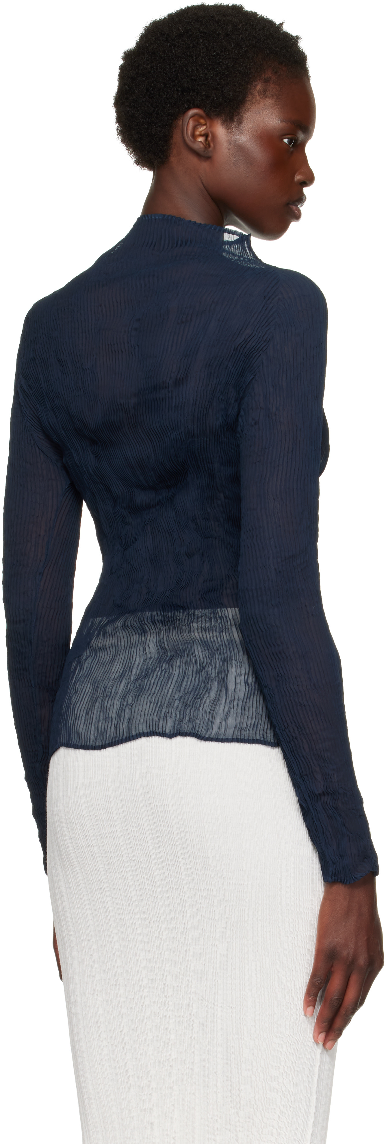 ISSEY MIYAKE: Navy Chiffon Twist 1 Top | SSENSE Germany