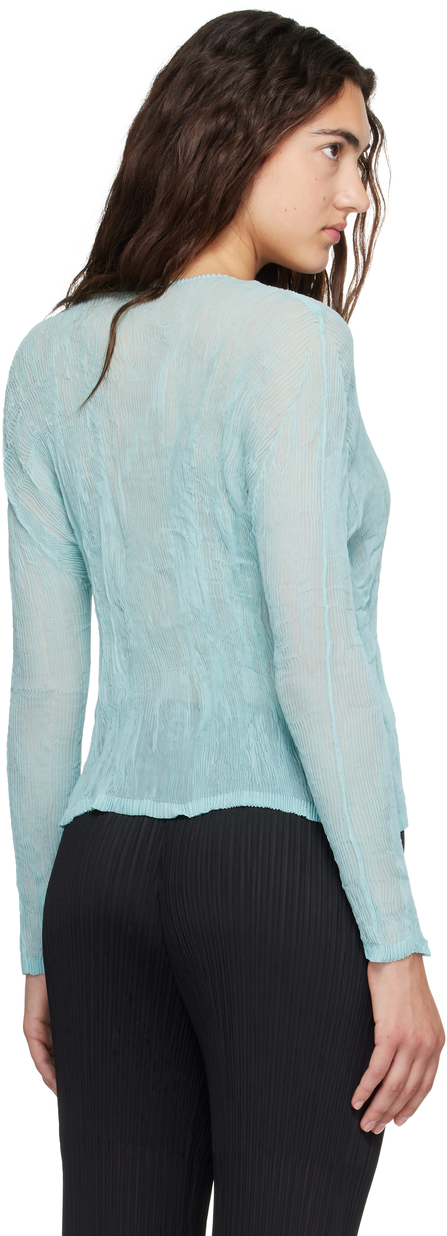 ISSEY MIYAKE: Blue Chiffon Twist 2 Cardigan | SSENSE