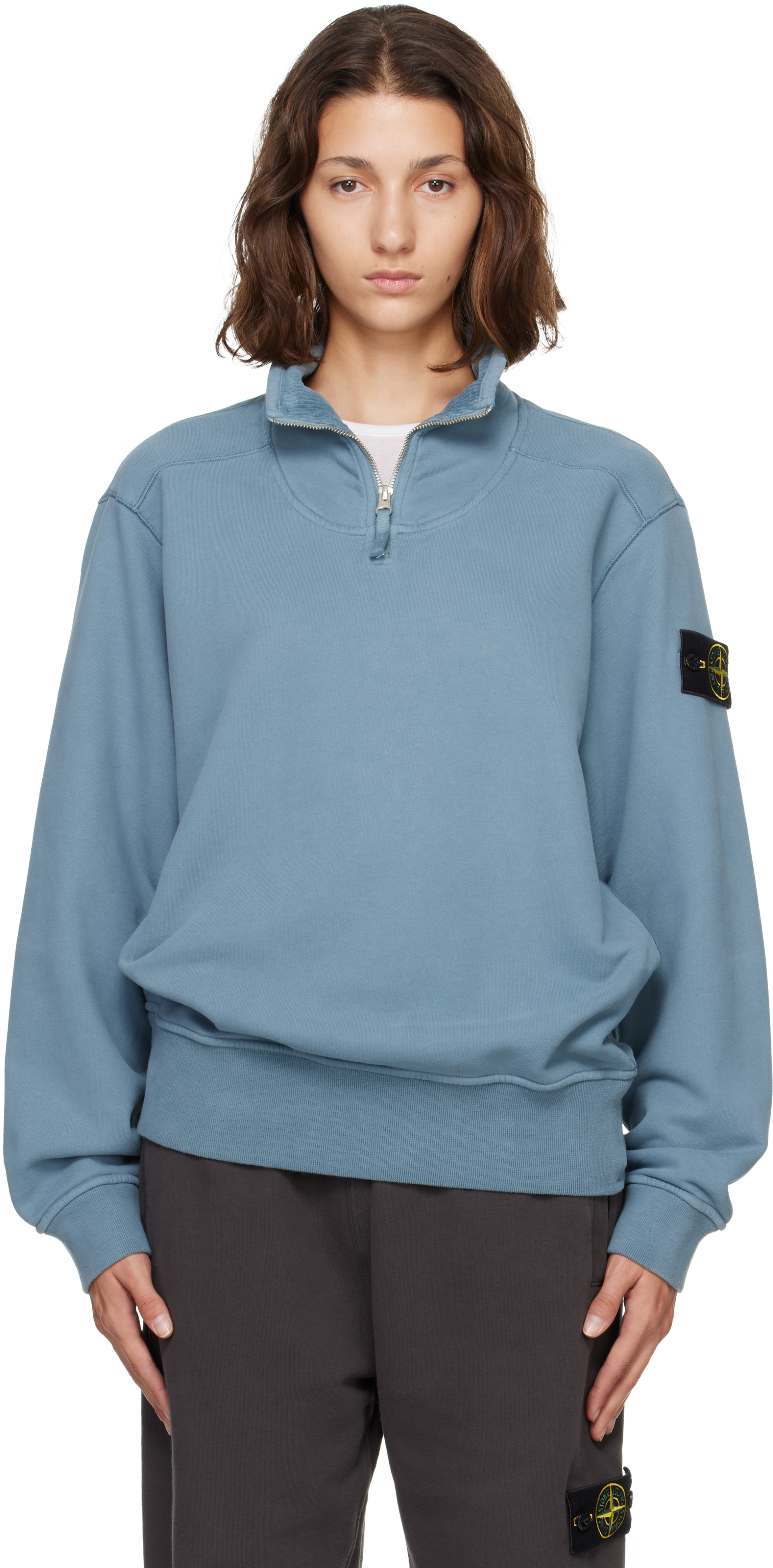 Stone Island - Pull 6100021 bleu en molleton brossé de coton bio