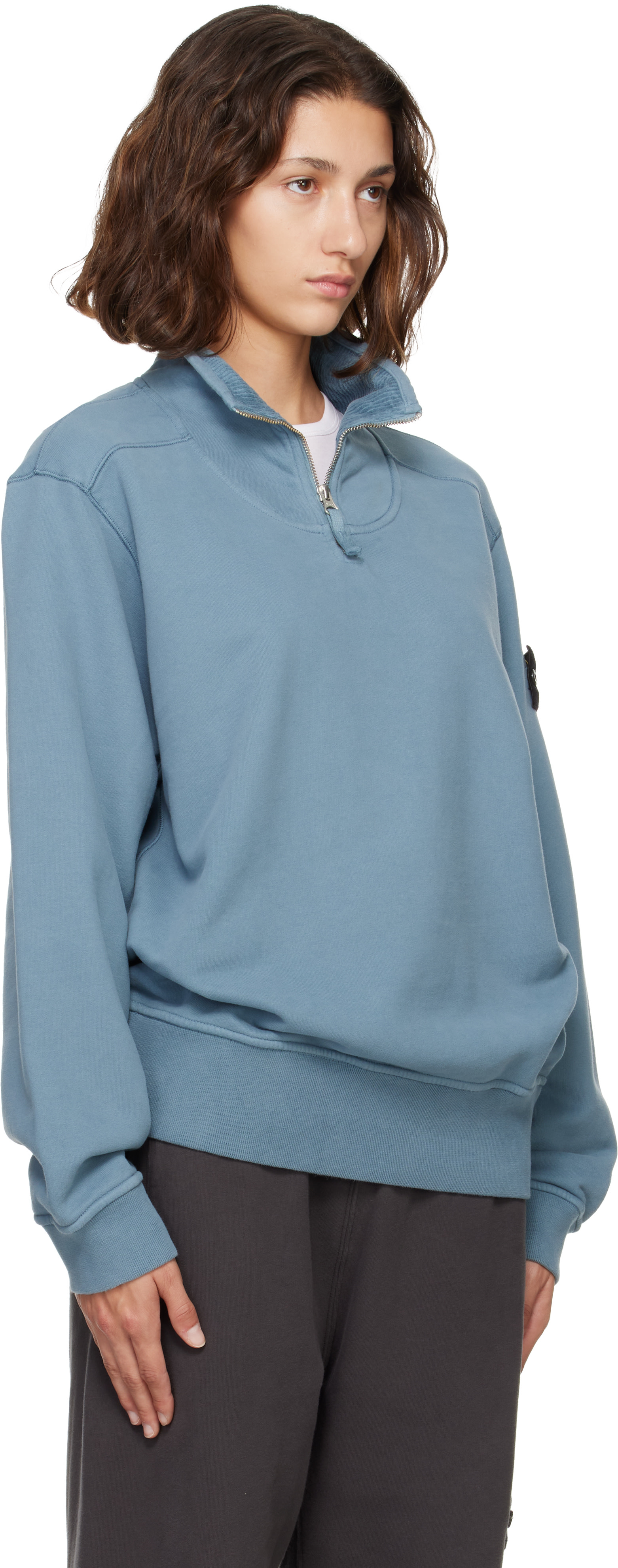 Stone Island - Pull 6100021 bleu en molleton brossé de coton bio