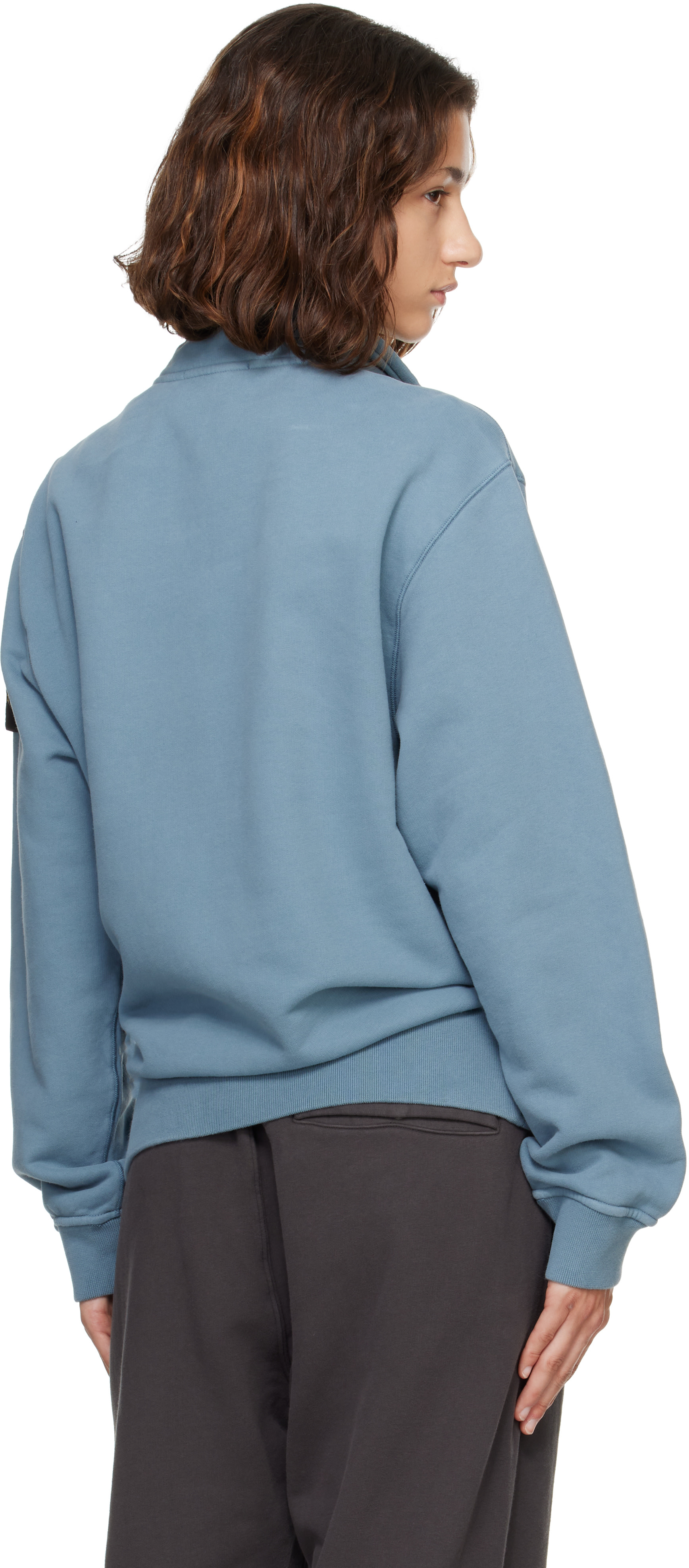 Stone Island - Pull 6100021 bleu en molleton brossé de coton bio
