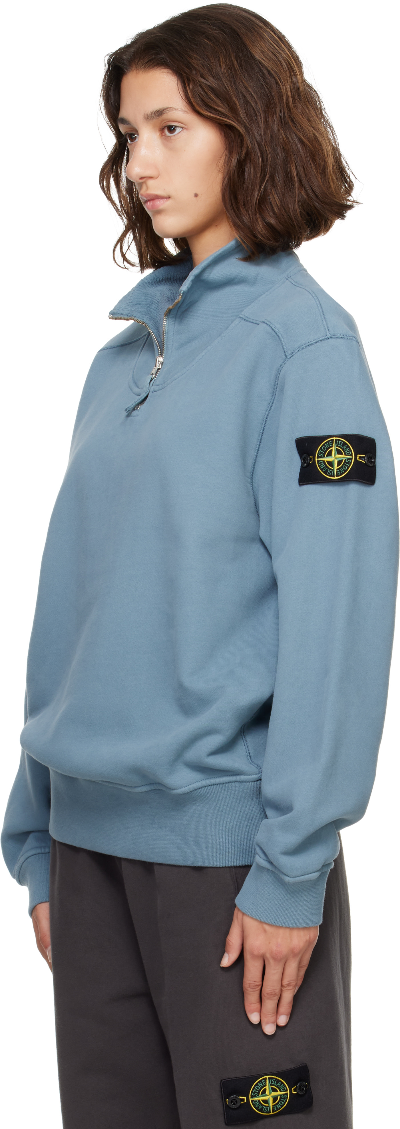 Stone Island - Pull 6100021 bleu en molleton brossé de coton bio